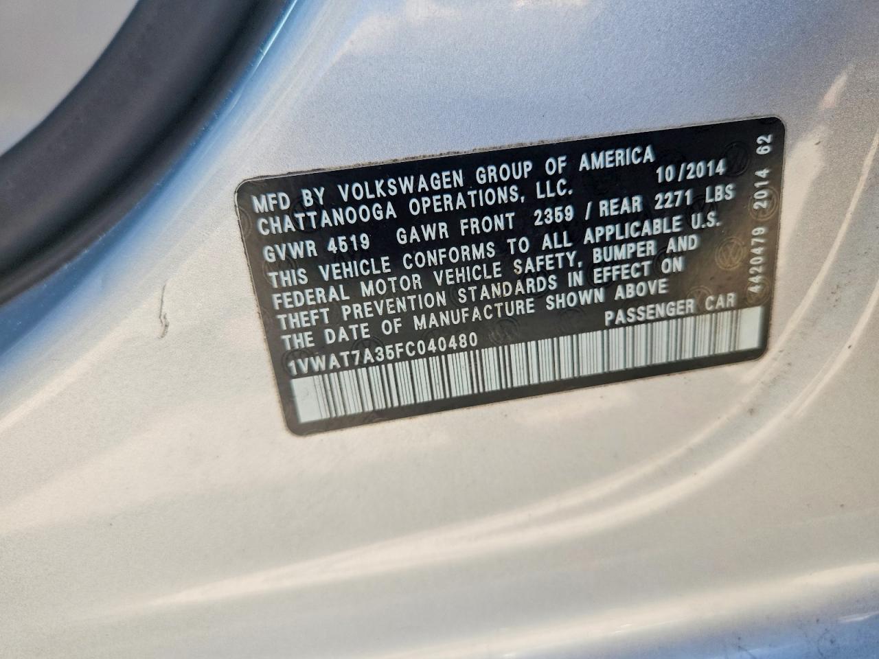 2015 Volkswagen Passat S Silver vin: 1VWAT7A35FC040480