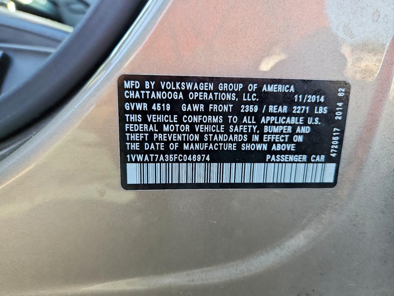 2015 Volkswagen Passat S Gold vin: 1VWAT7A35FC046974