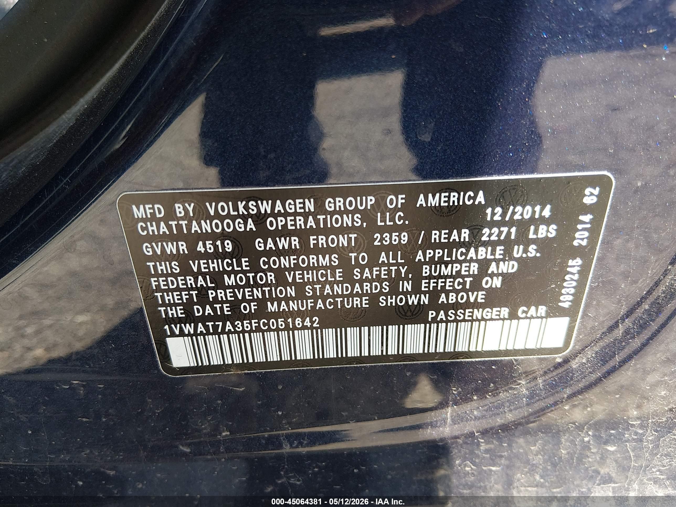 2015 Volkswagen Passat 1.8t Wolfsburg Edition Dark Blue vin: 1VWAT7A35FC051642