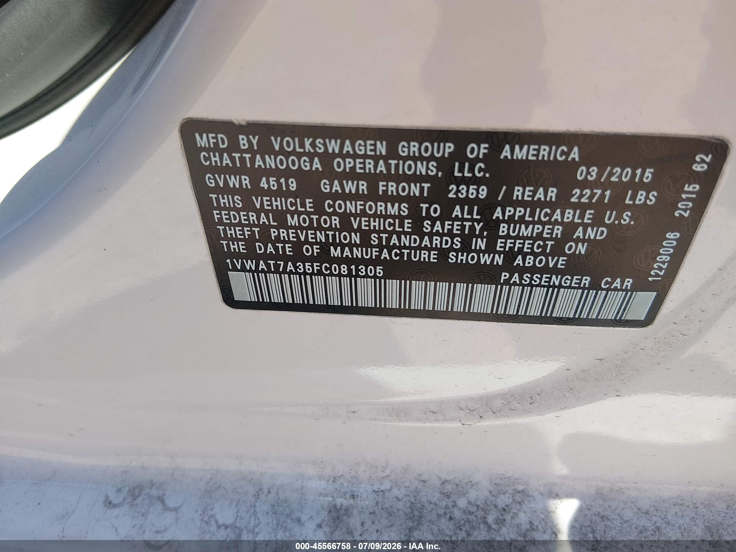 2015 Volkswagen Passat 1.8t Limited Edition White vin: 1VWAT7A35FC081305
