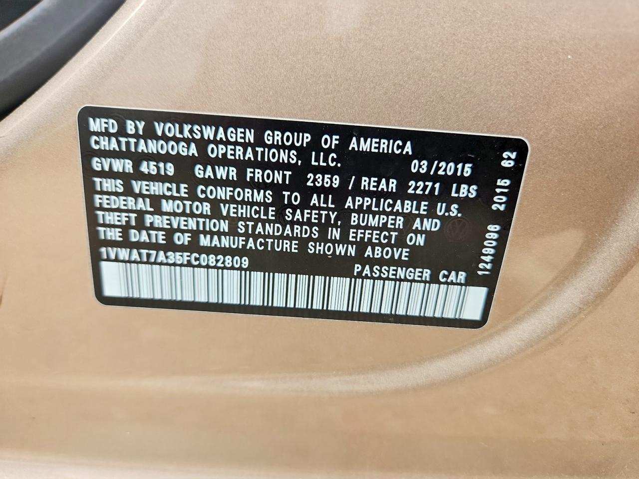 2015 Volkswagen Passat S Tan vin: 1VWAT7A35FC082809