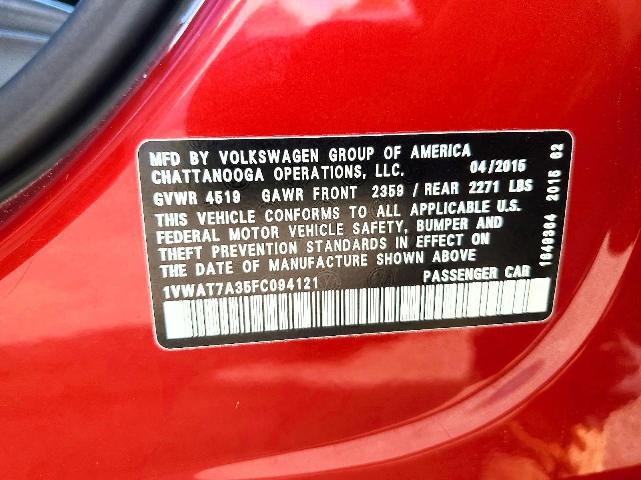 2015 Volkswagen Passat S Red vin: 1VWAT7A35FC094121