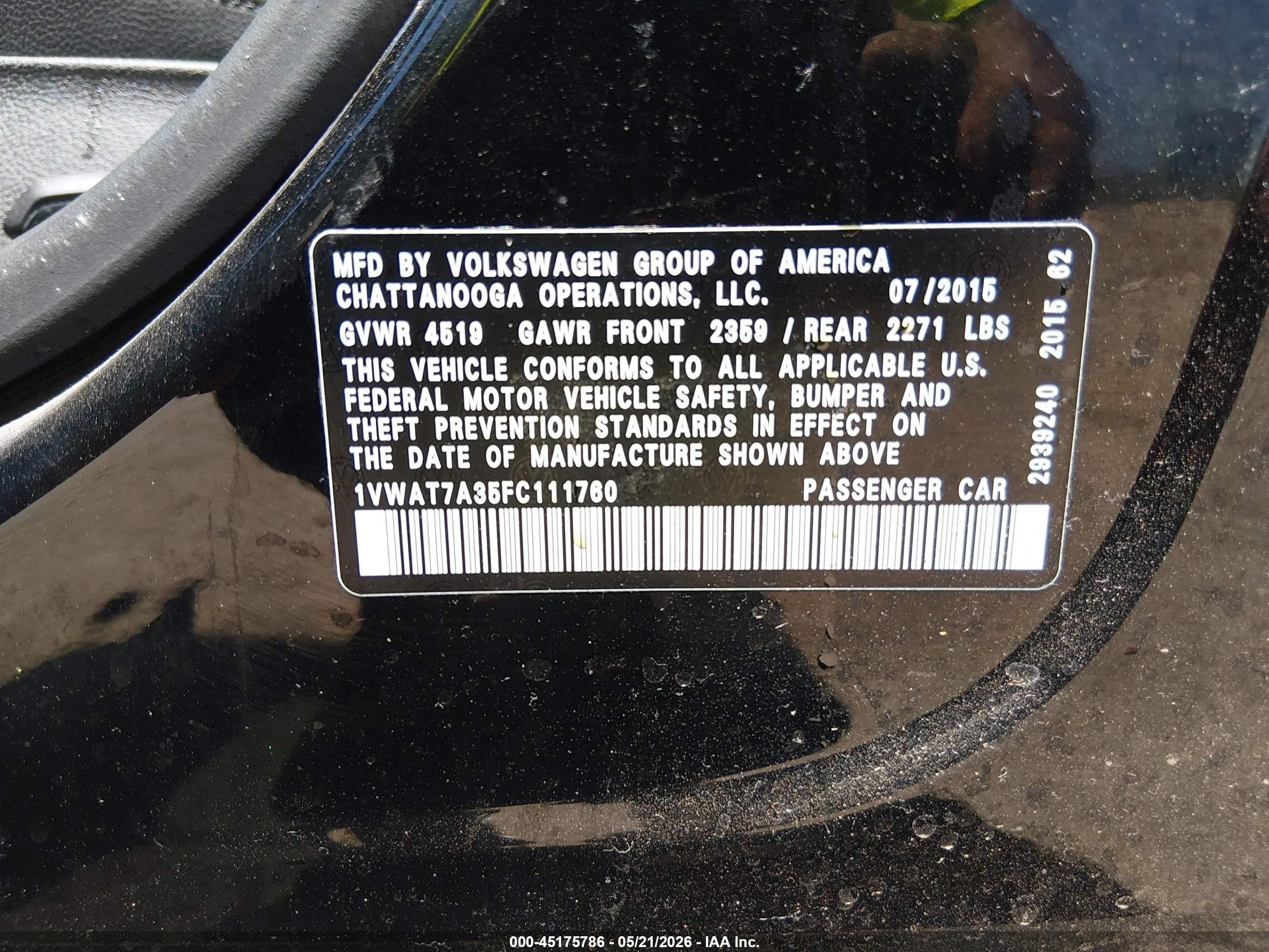 2015 Volkswagen Passat 1.8t Limited Edition Black vin: 1VWAT7A35FC111760