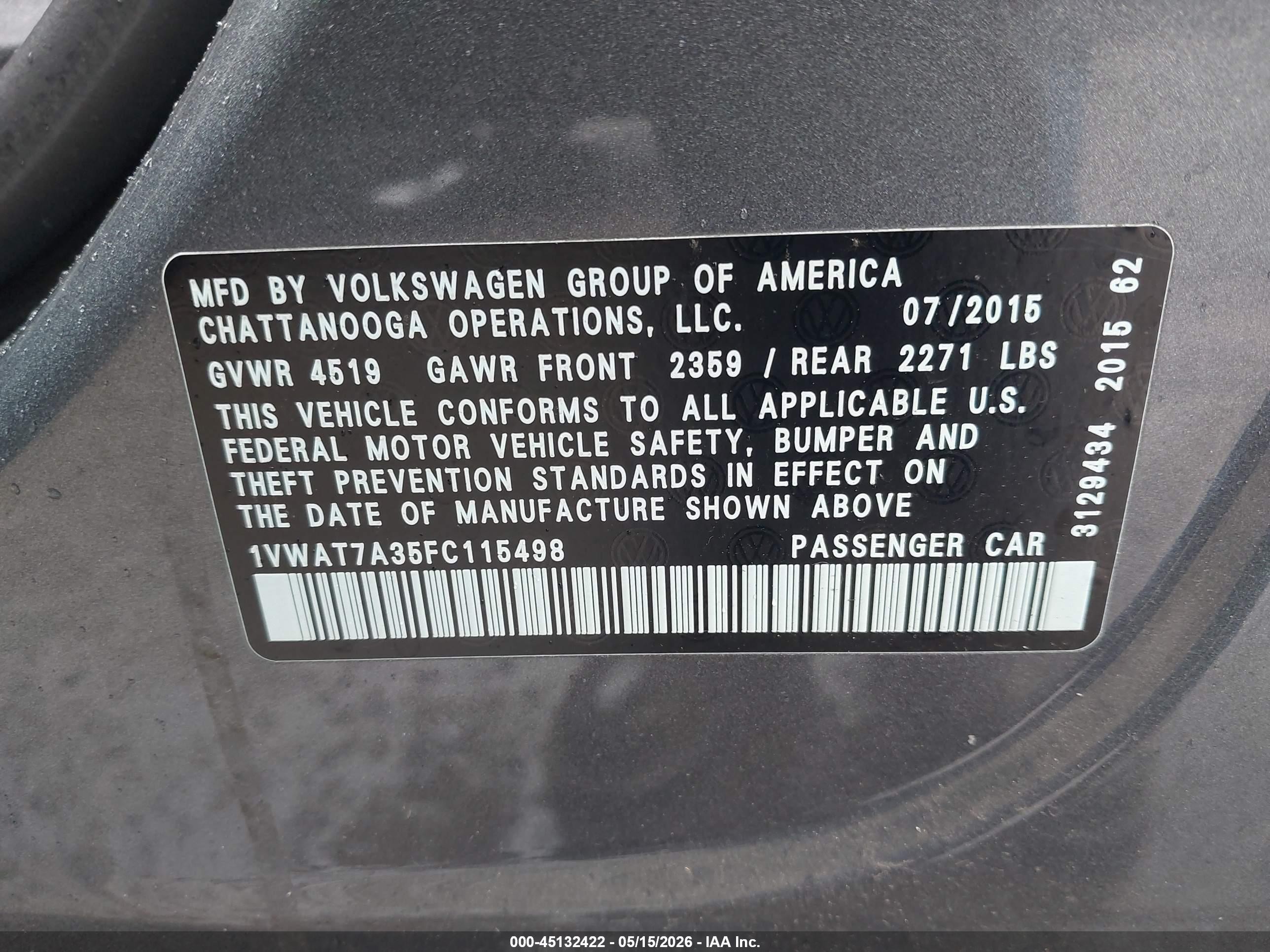 2015 Volkswagen Passat 1.8t Limited Edition Gray vin: 1VWAT7A35FC115498
