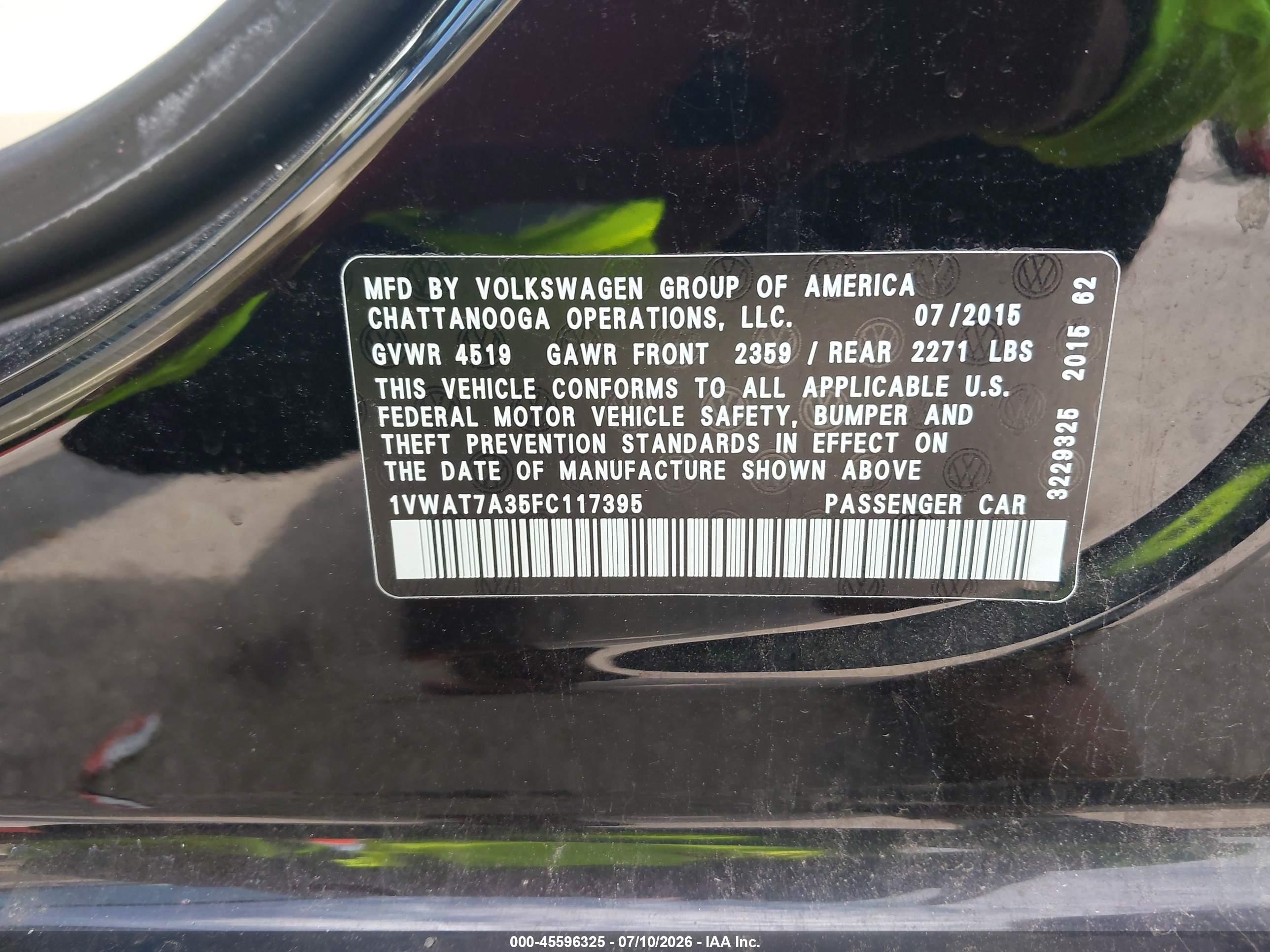 2015 Volkswagen Passat S Black vin: 1VWAT7A35FC117395