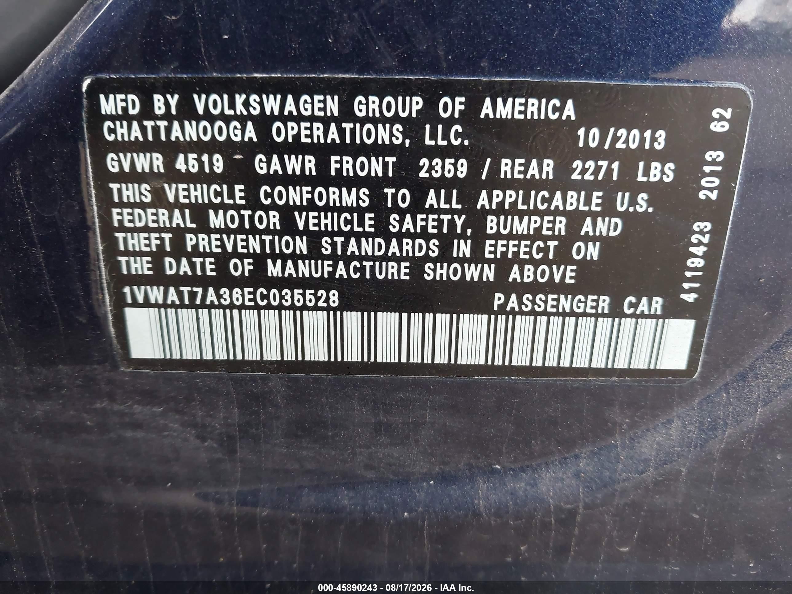 2014 Volkswagen Passat 1.8t S Blue vin: 1VWAT7A36EC035528