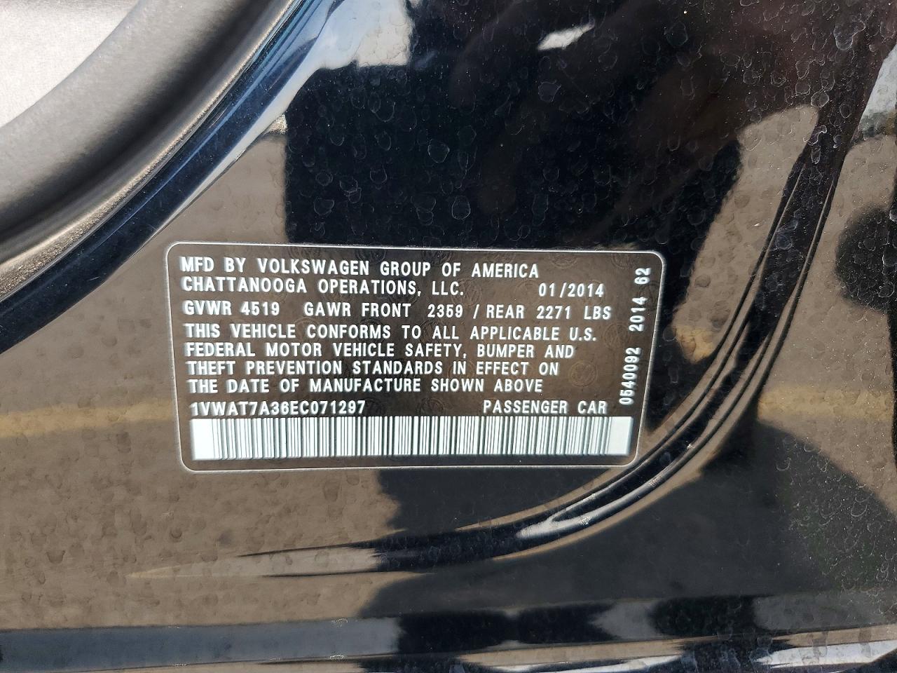 2014 Volkswagen Passat S Black vin: 1VWAT7A36EC071297