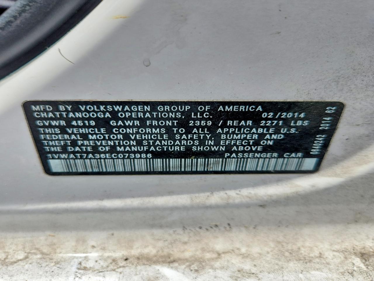 2014 Volkswagen Passat S White vin: 1VWAT7A36EC073986