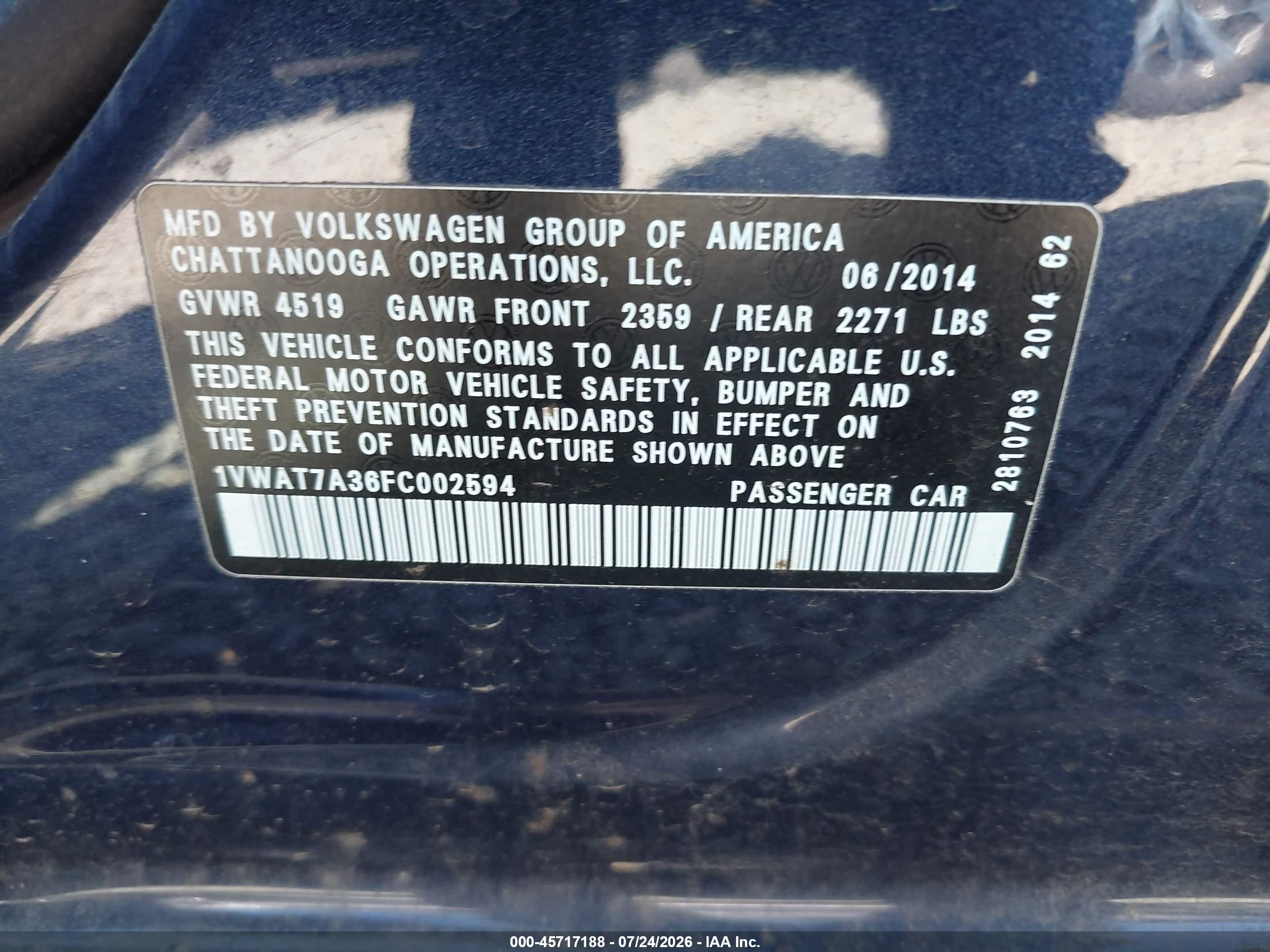 2015 Volkswagen Passat 1.8t Wolfsburg Edition Dark Blue vin: 1VWAT7A36FC002594