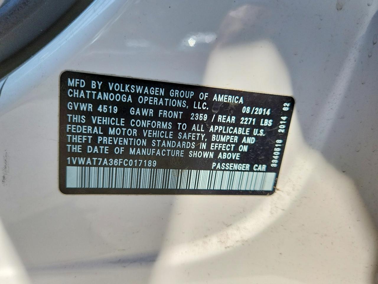 2015 Volkswagen Passat S White vin: 1VWAT7A36FC017189