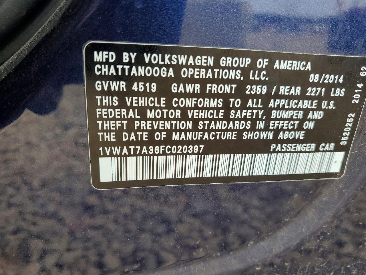 2015 Volkswagen Passat S Blue vin: 1VWAT7A36FC020397