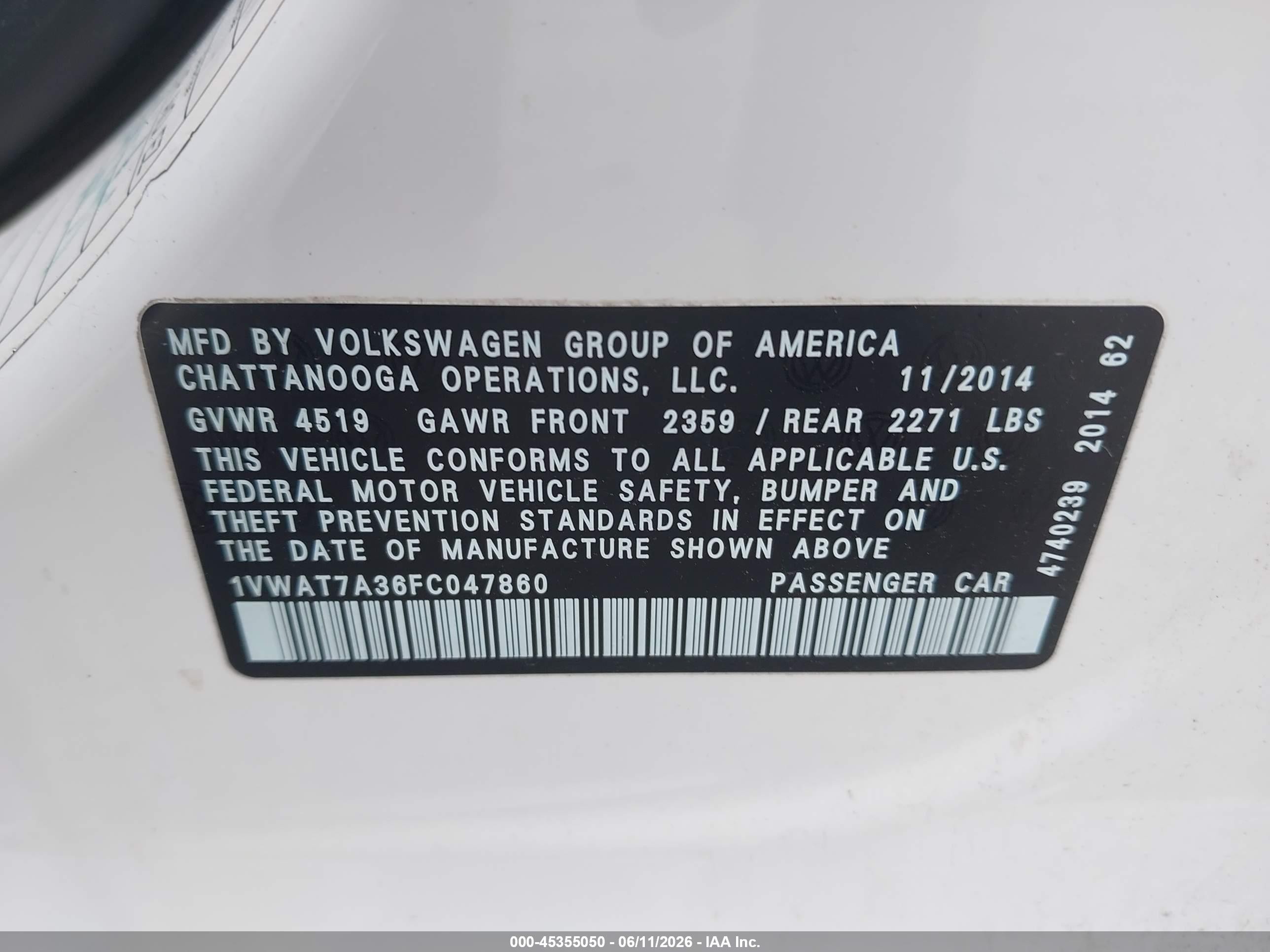 2015 Volkswagen Passat 1.8t Wolfsburg Edition White vin: 1VWAT7A36FC047860