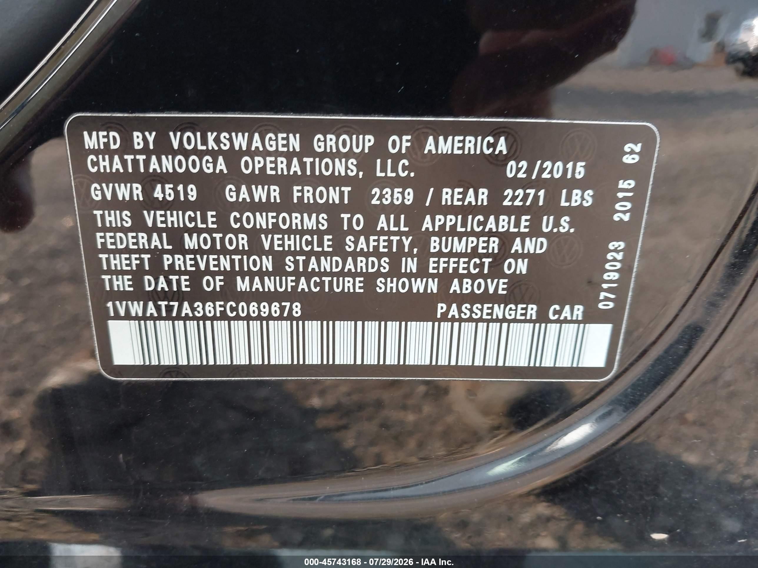 2015 Volkswagen Passat 1.8t Wolfsburg Edition Black vin: 1VWAT7A36FC069678