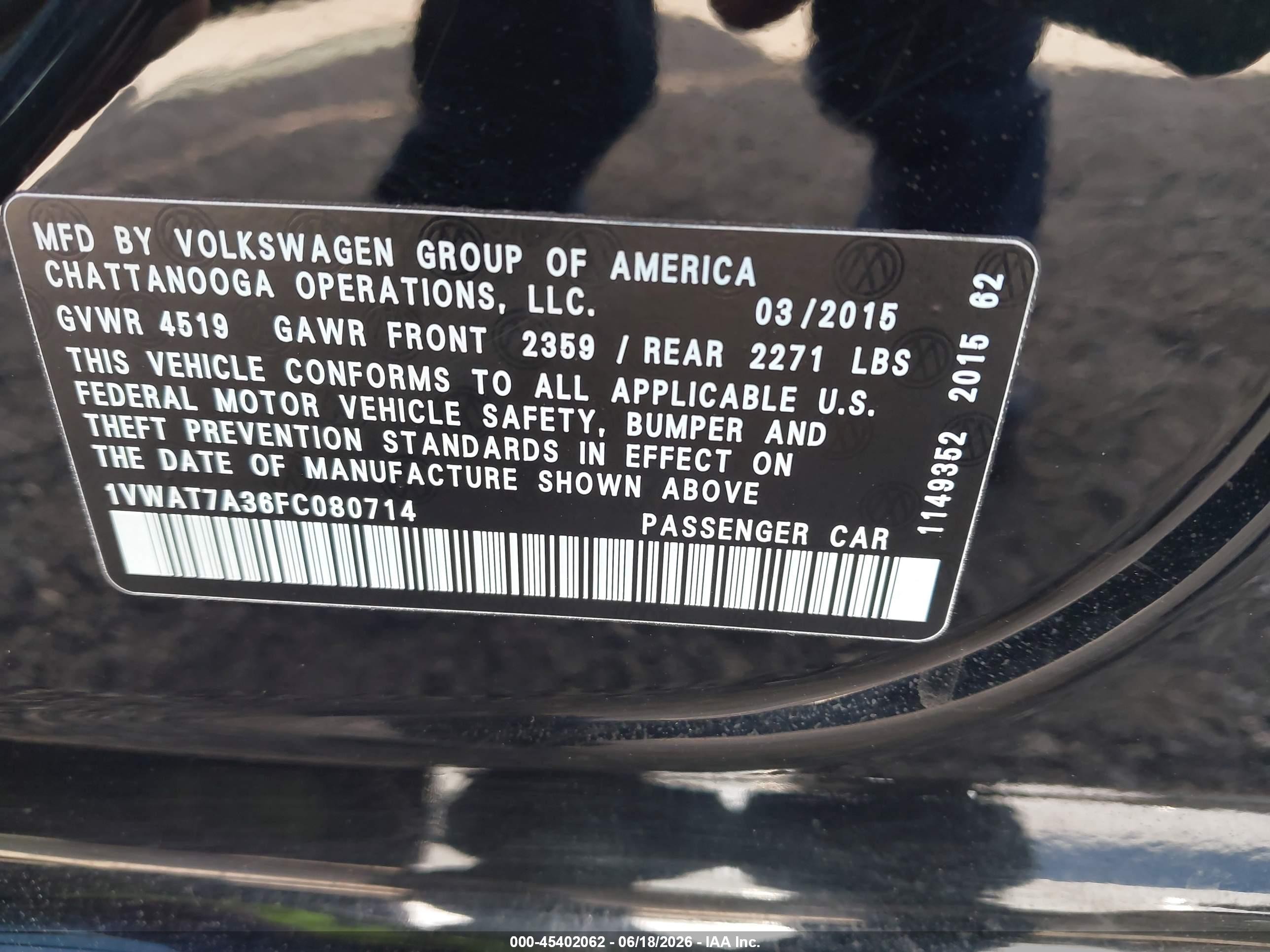 2015 Volkswagen Passat 1.8t Wolfsburg Edition Black vin: 1VWAT7A36FC080714
