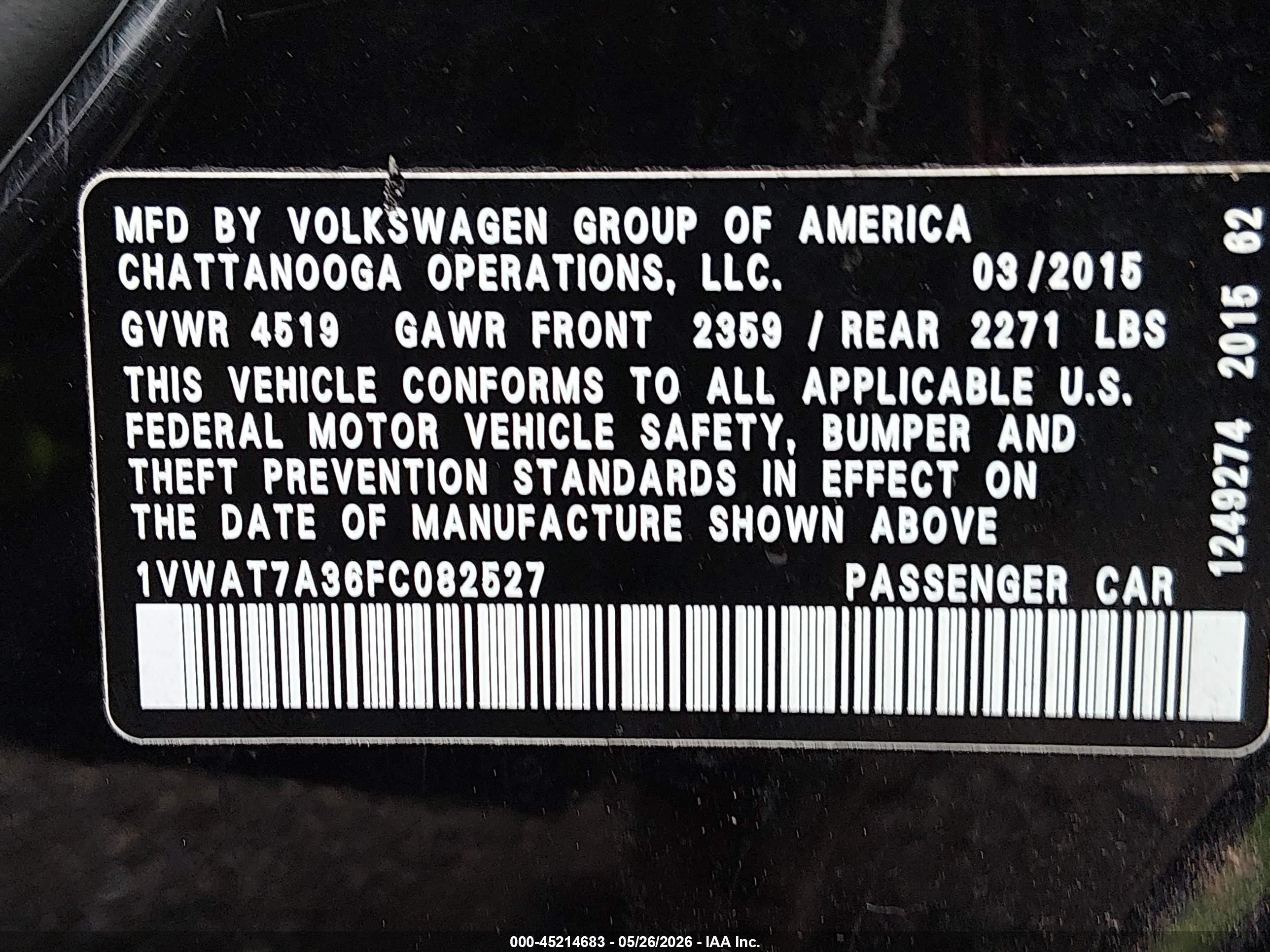 2015 Volkswagen Passat 1.8t Wolfsburg Edition Black vin: 1VWAT7A36FC082527