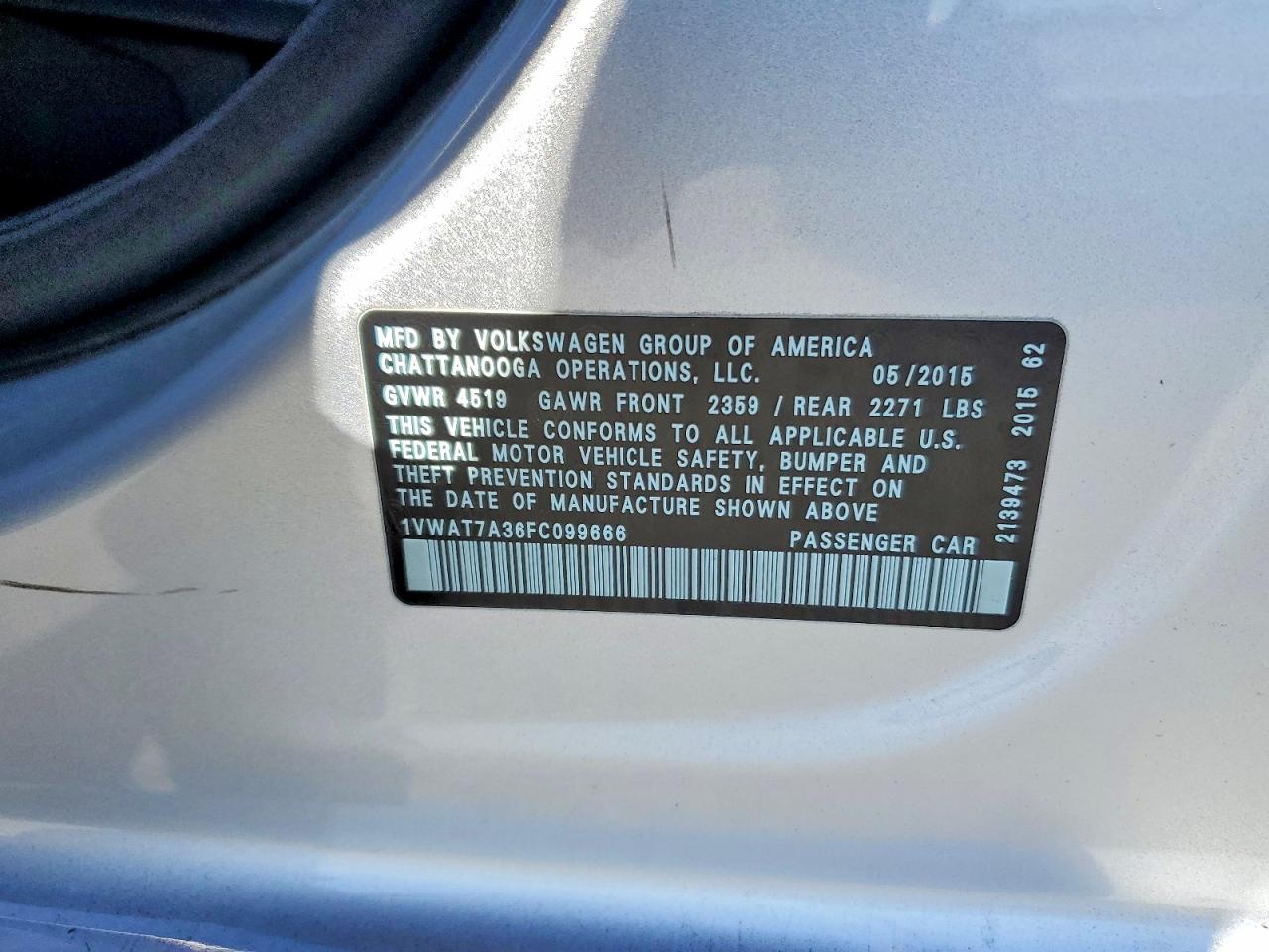2015 Volkswagen Passat Silver vin: 1VWAT7A36FC099666