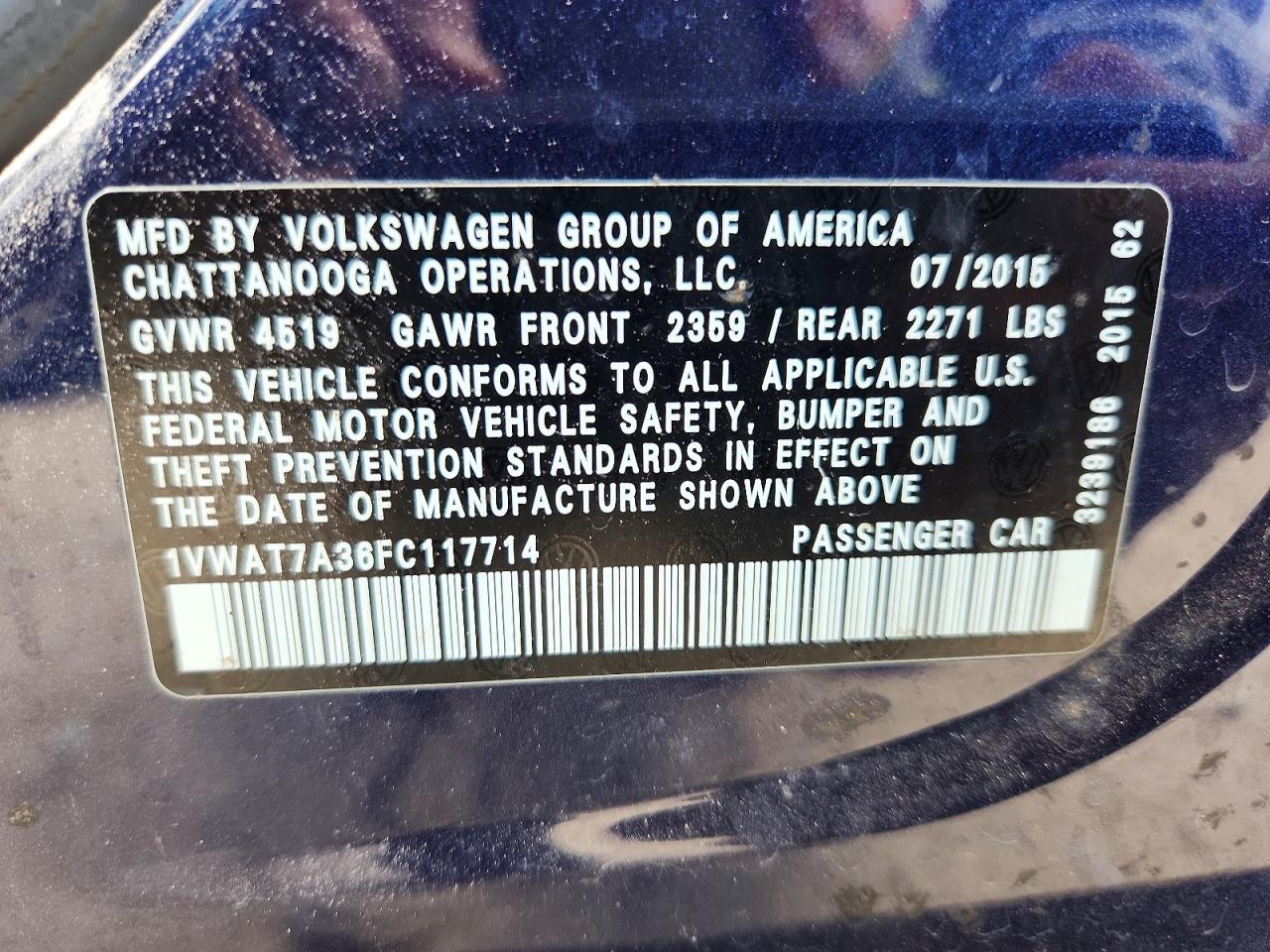 2015 Volkswagen Passat S Blue vin: 1VWAT7A36FC117714