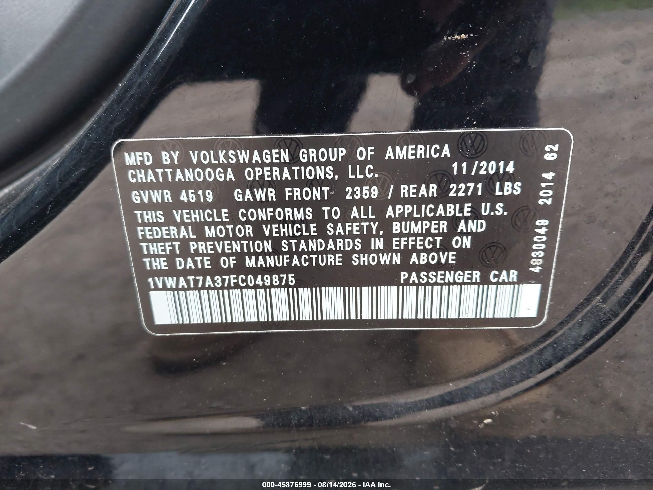 2015 Volkswagen Passat 1.8t Wolfsburg Edition Black vin: 1VWAT7A37FC049875