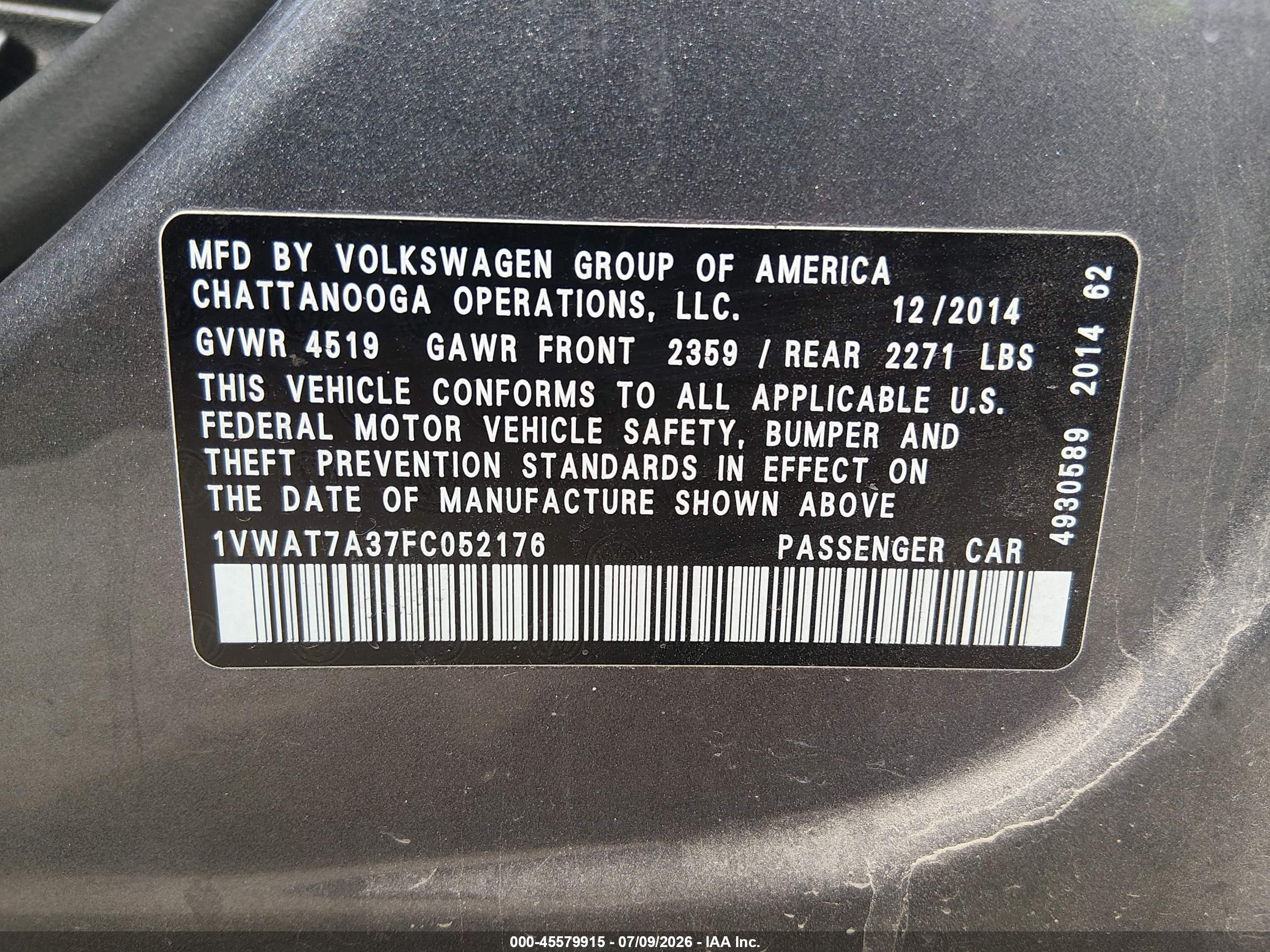 2015 Volkswagen Passat 1.8t Wolfsburg Edition Gray vin: 1VWAT7A37FC052176