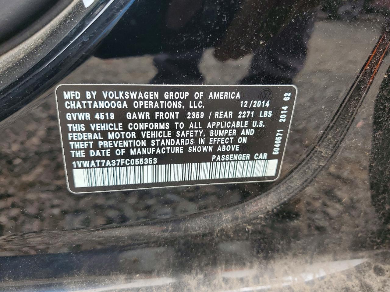 2015 Volkswagen Passat S Black vin: 1VWAT7A37FC055353