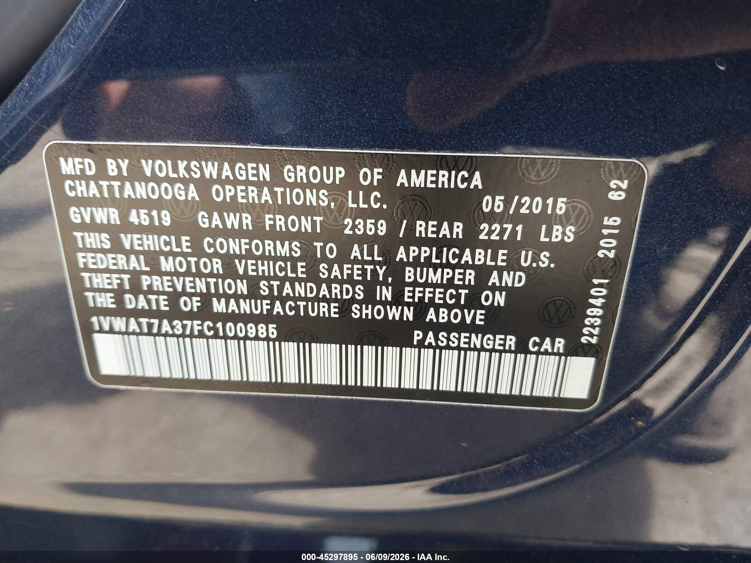 2015 Volkswagen Passat 1.8t S Dark Blue vin: 1VWAT7A37FC100985