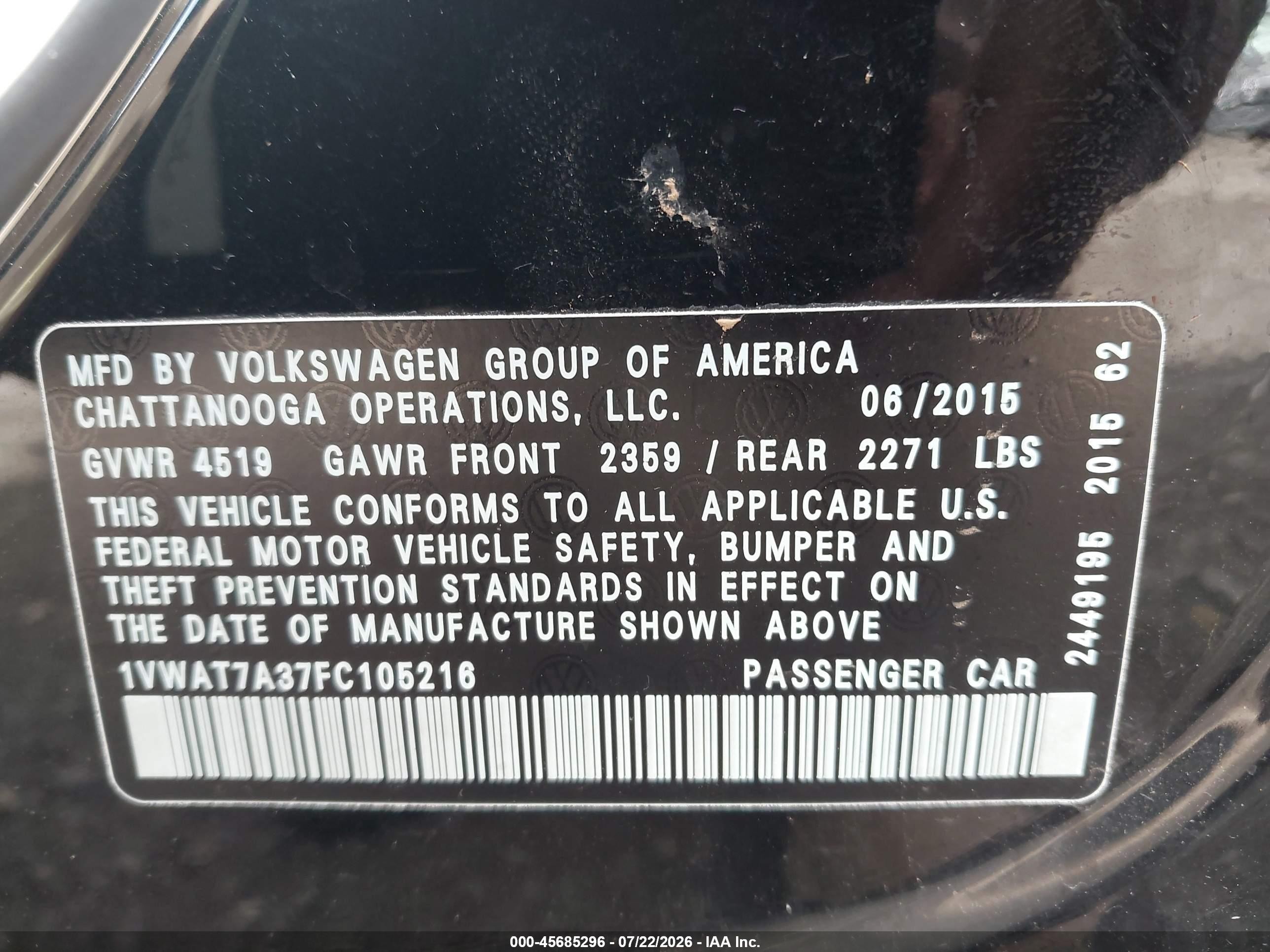 2015 Volkswagen Passat 1.8t Limited Edition Black vin: 1VWAT7A37FC105216