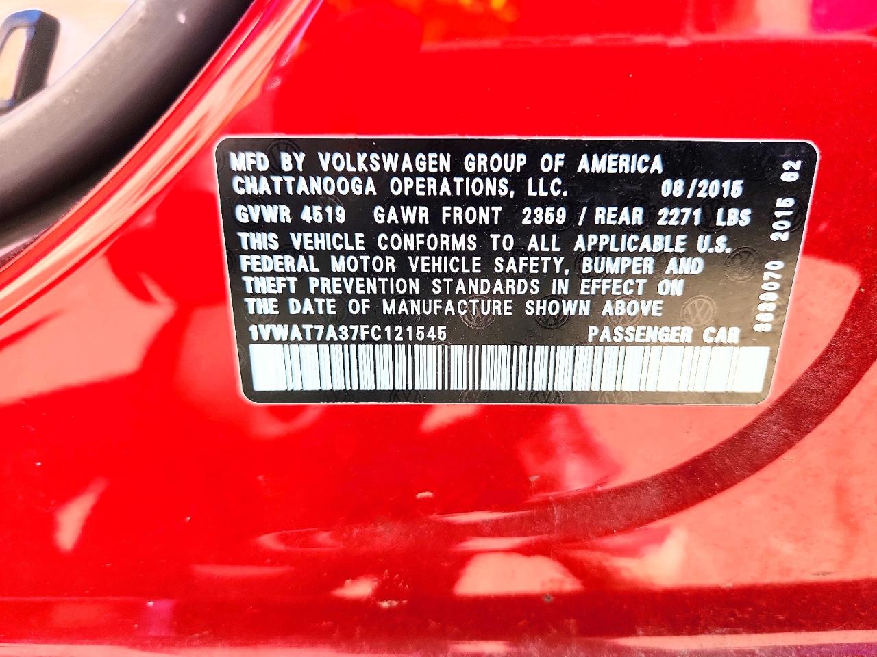 2015 Volkswagen Passat S Red vin: 1VWAT7A37FC121545