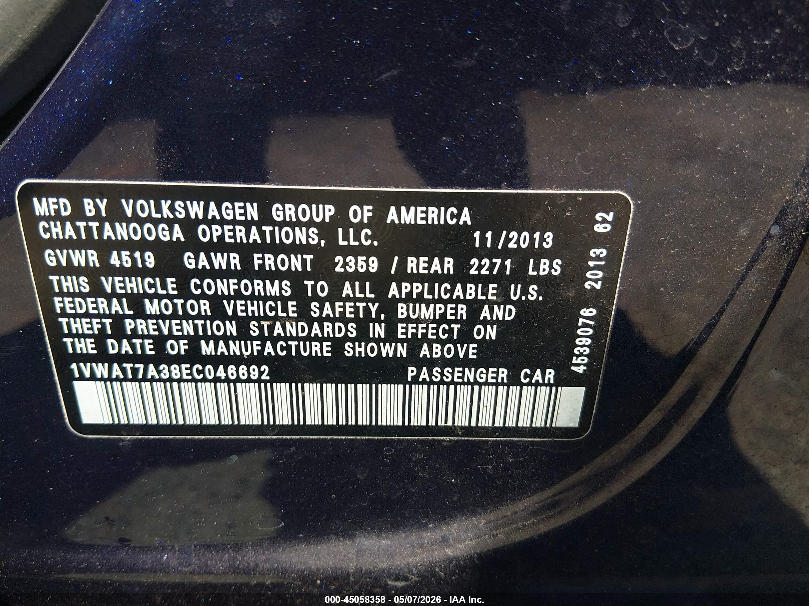 2014 Volkswagen Passat 1.8t S Blue vin: 1VWAT7A38EC046692