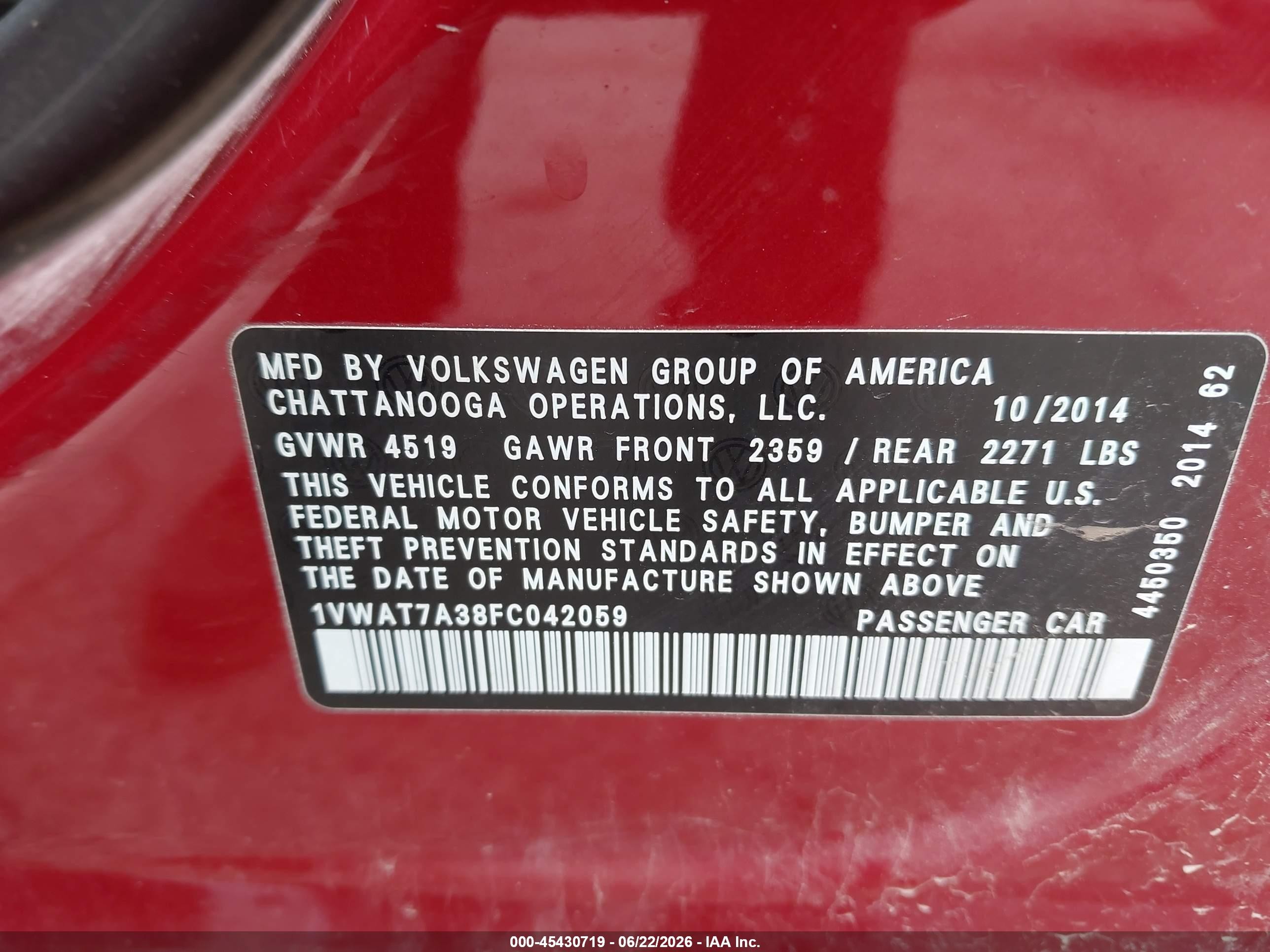 2015 Volkswagen Passat 1.8t Wolfsburg Edition Темно-бордовый vin: 1VWAT7A38FC042059