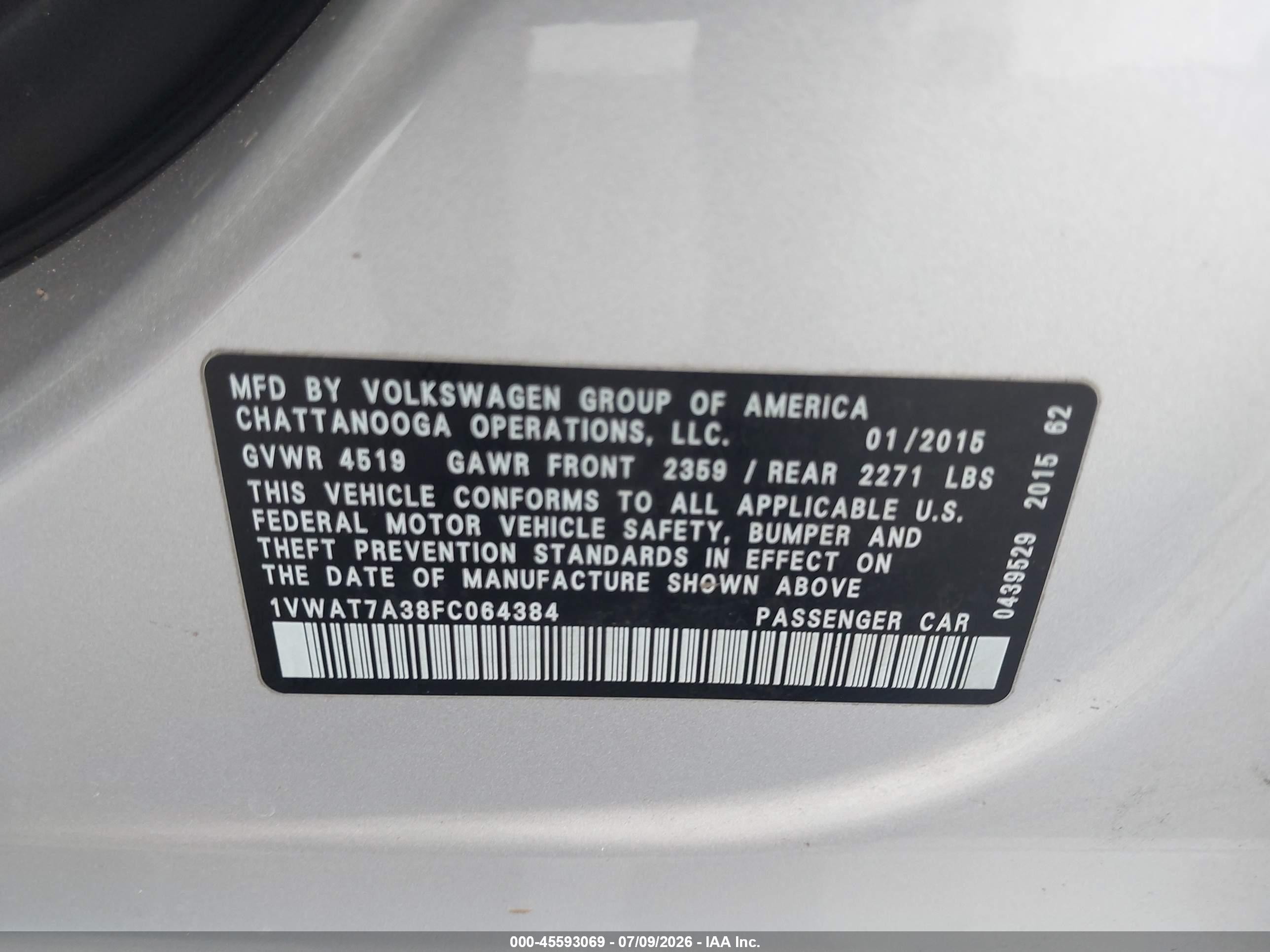 2015 Volkswagen Passat 1.8t S Silver vin: 1VWAT7A38FC064384