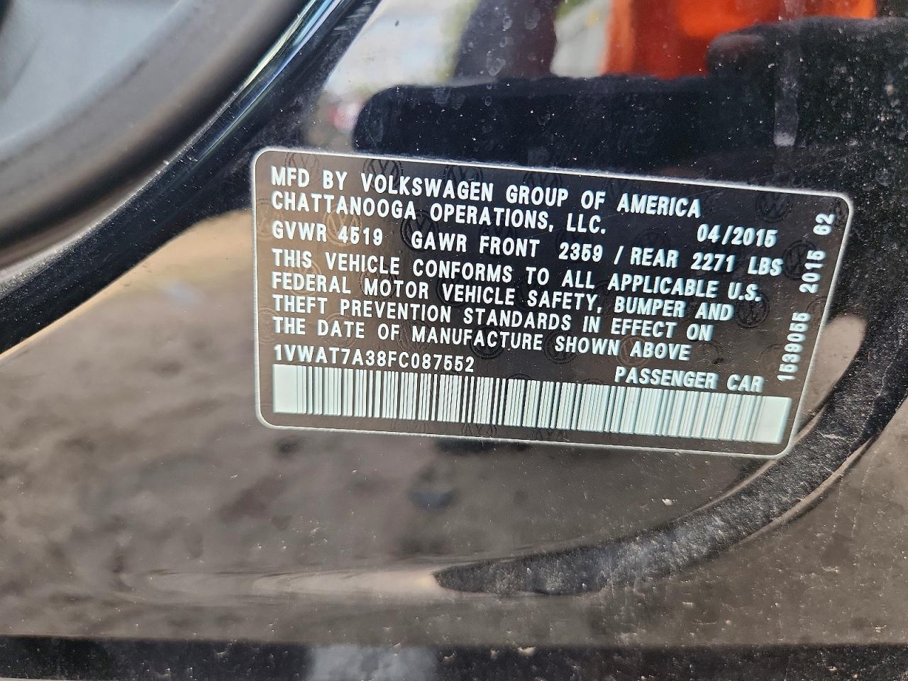 2015 Volkswagen Passat S Black vin: 1VWAT7A38FC087552
