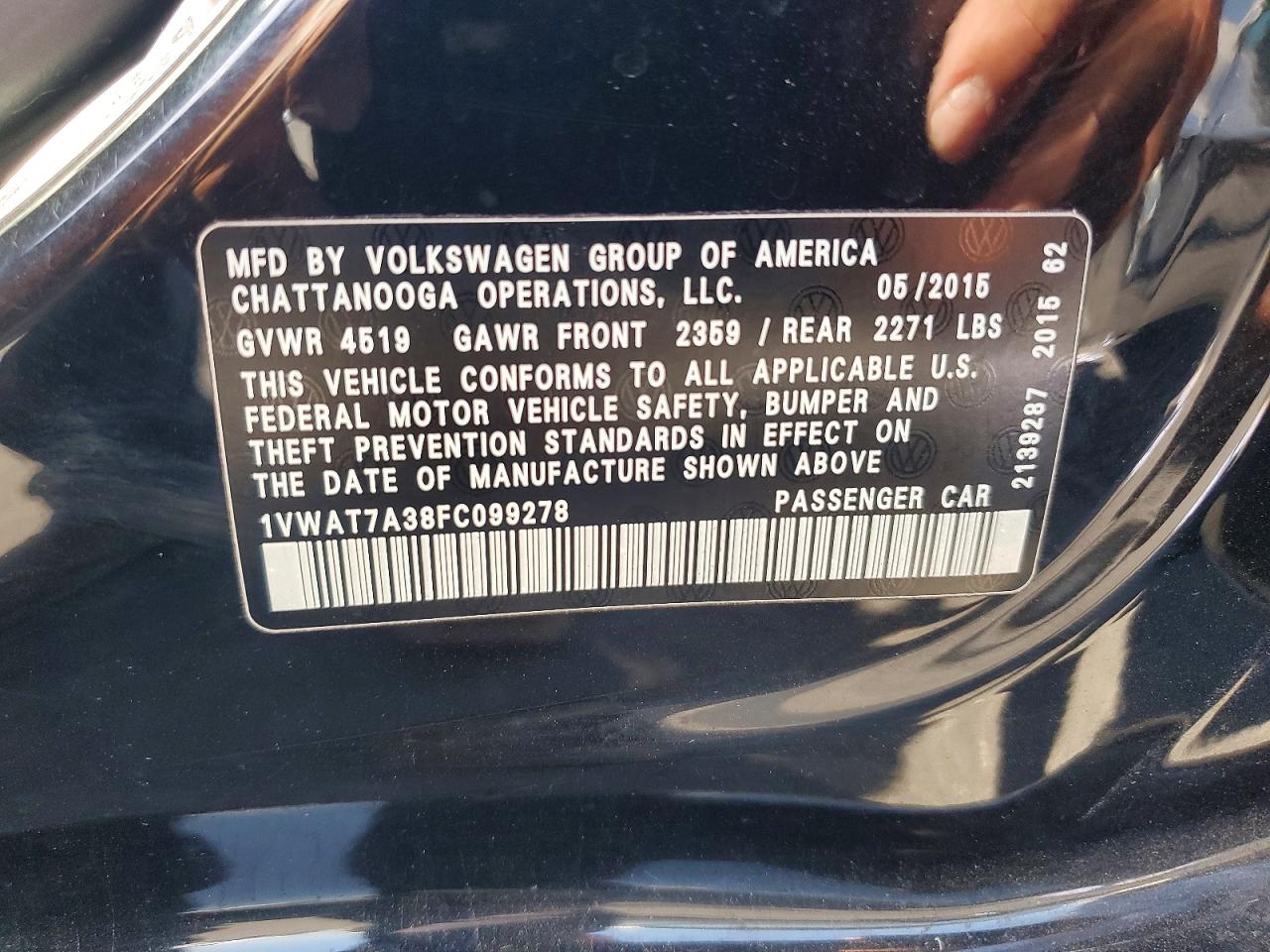 2015 Volkswagen Passat S Black vin: 1VWAT7A38FC099278