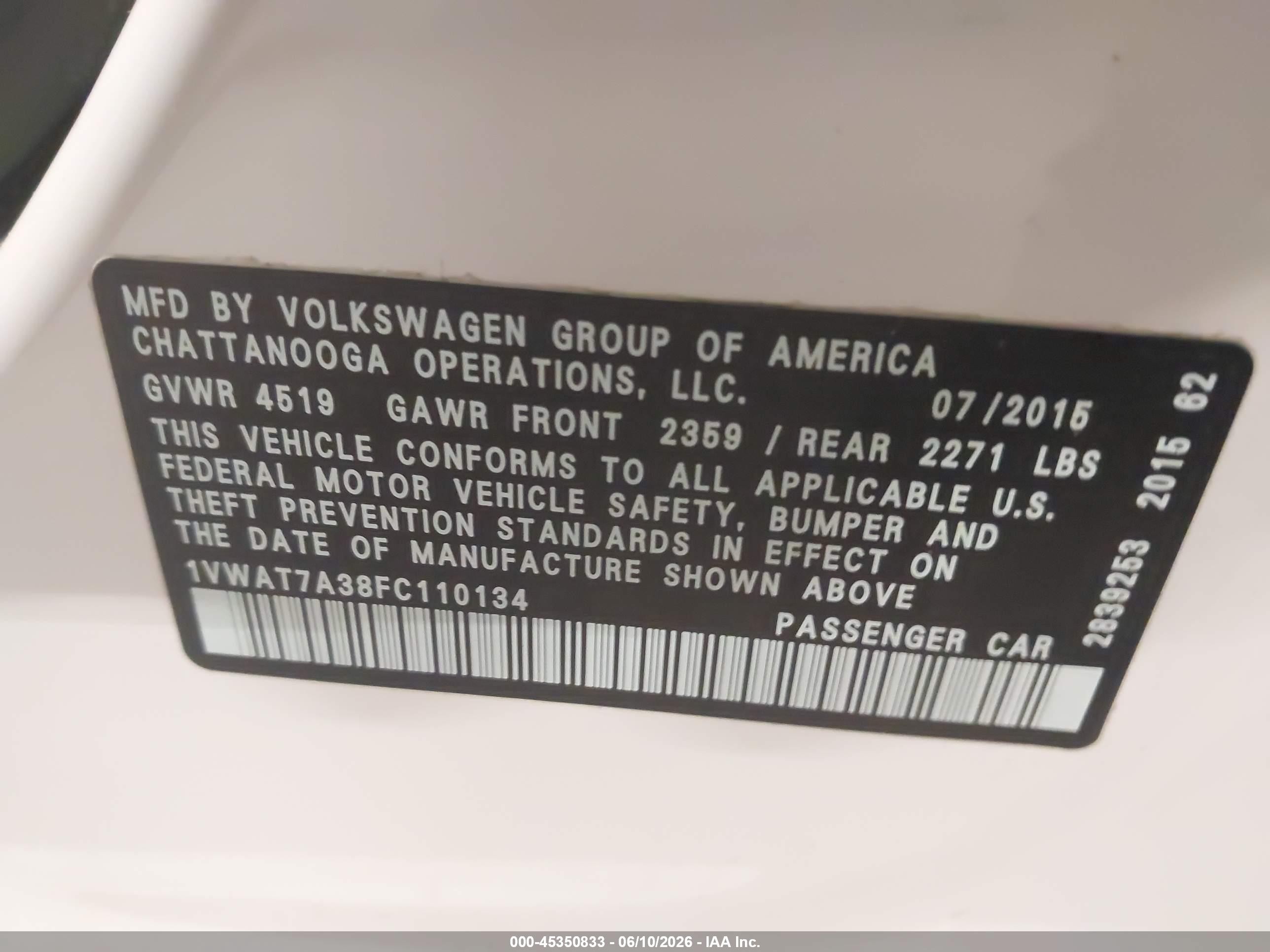 2015 Volkswagen Passat 1.8t Limited Edition Белый vin: 1VWAT7A38FC110134