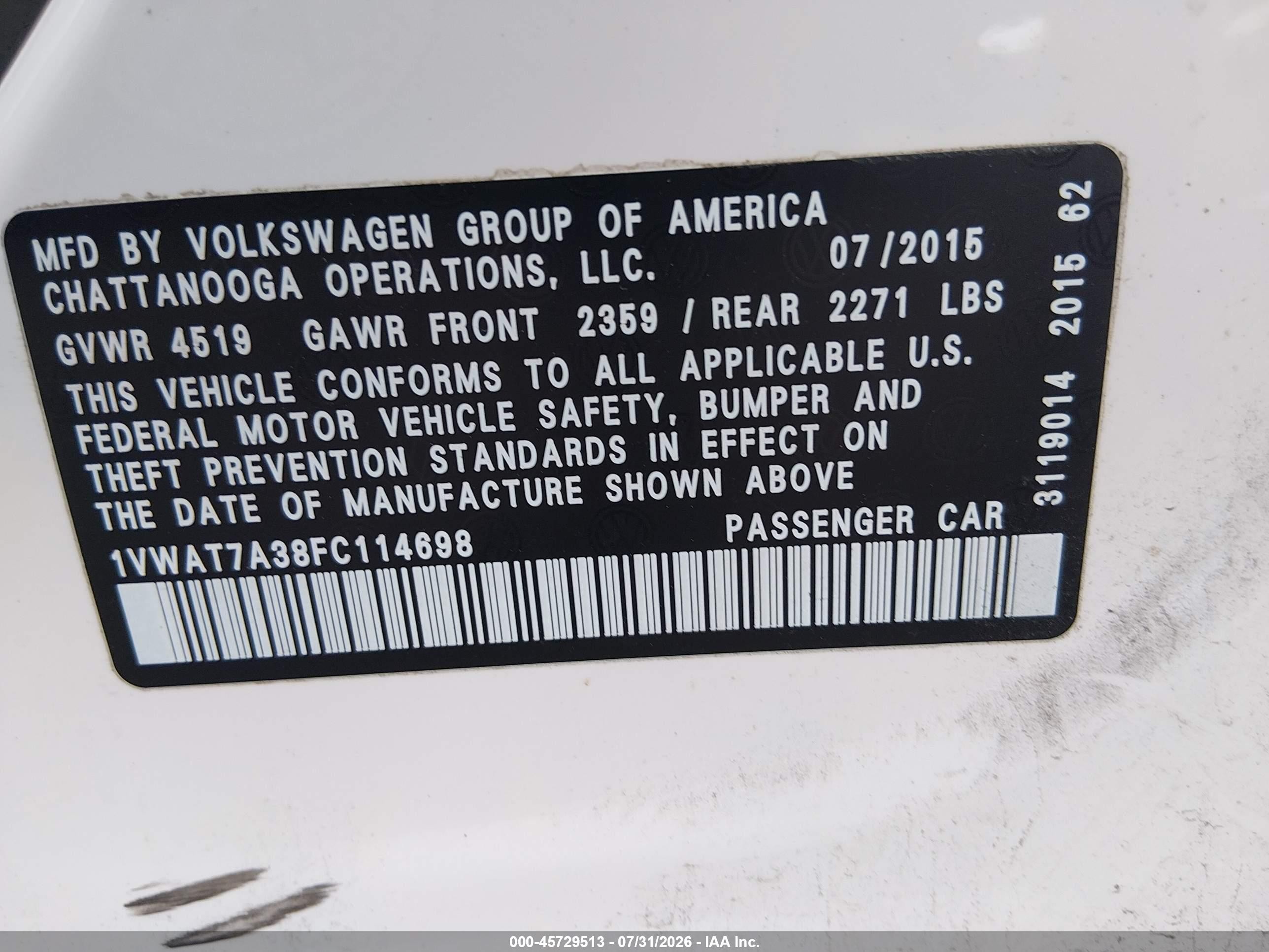2015 Volkswagen Passat 1.8t Limited Edition White vin: 1VWAT7A38FC114698