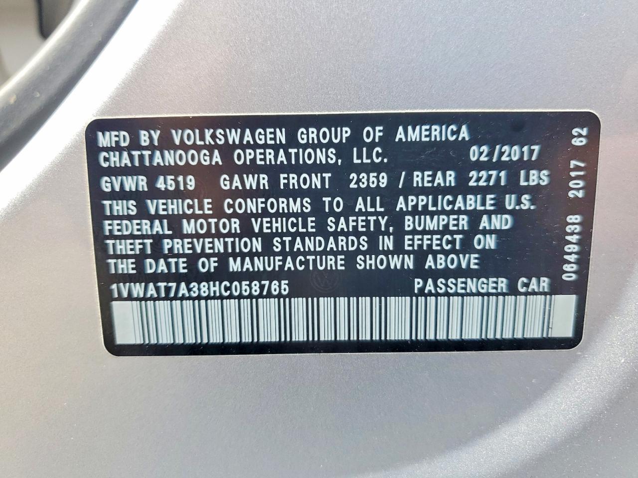 2017 Volkswagen Passat S Silver vin: 1VWAT7A38HC058765