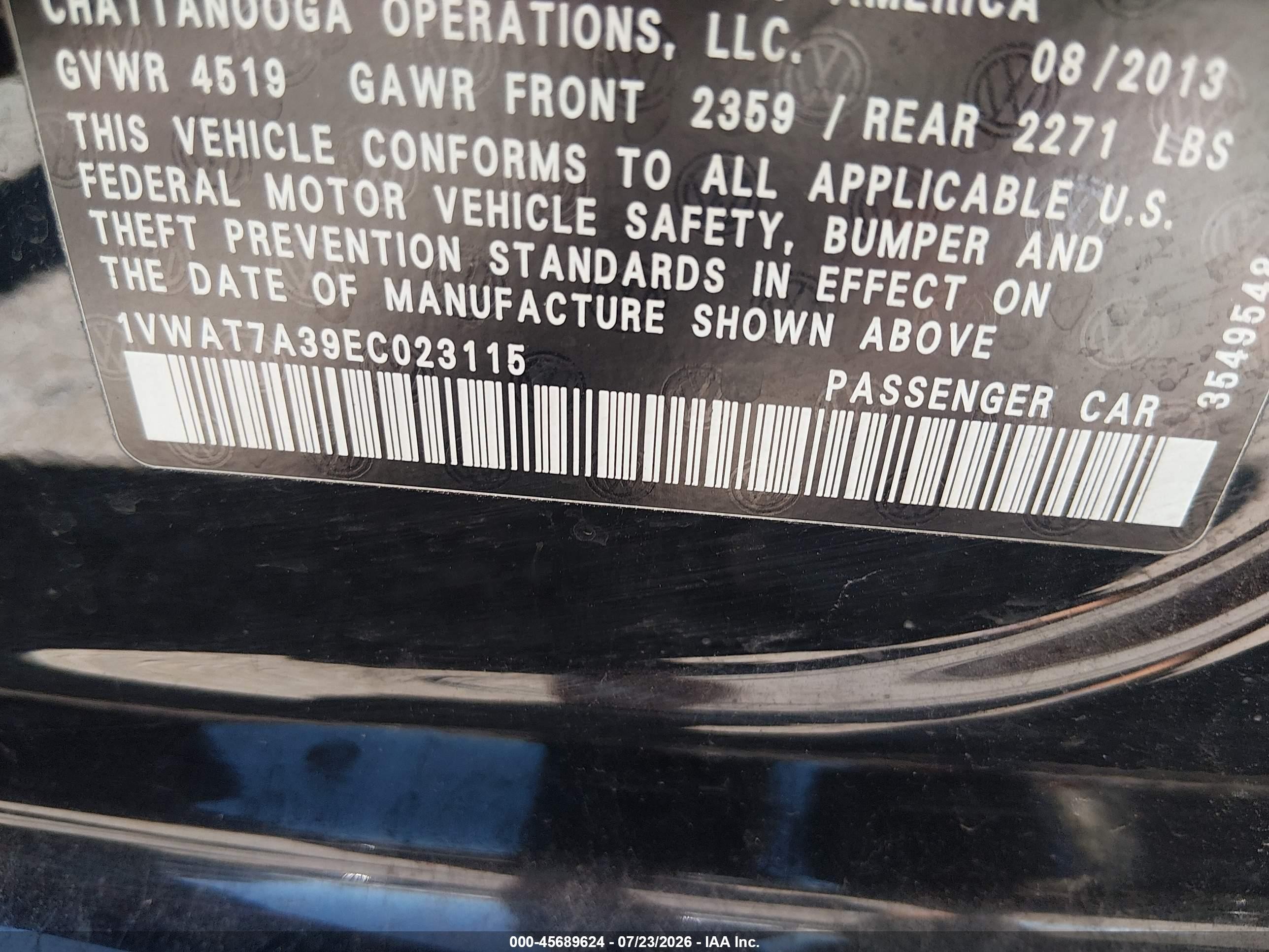 2014 Volkswagen Passat 1.8t Wolfsburg Edition Black vin: 1VWAT7A39EC023115