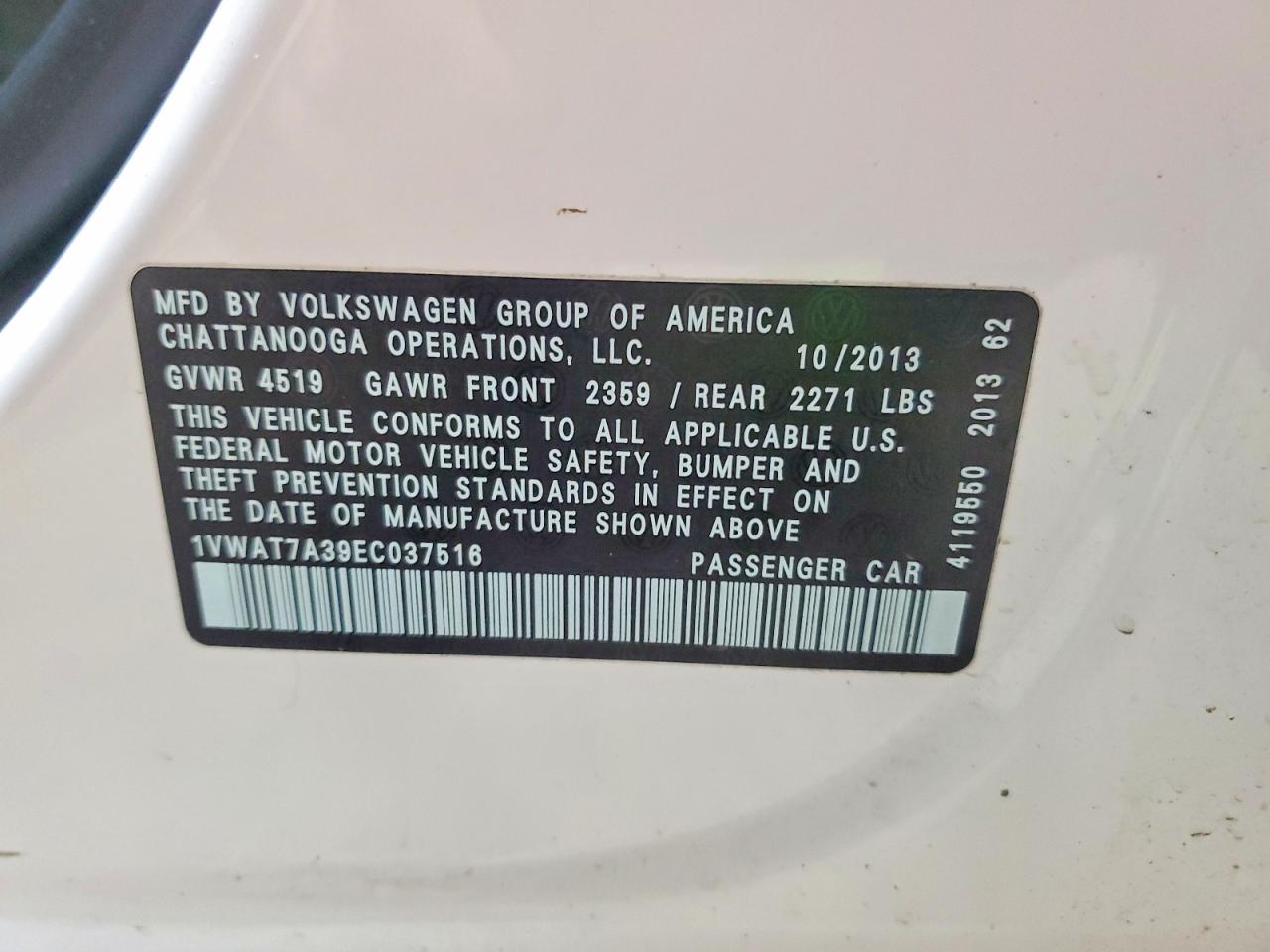 2014 Volkswagen Passat S White vin: 1VWAT7A39EC037516