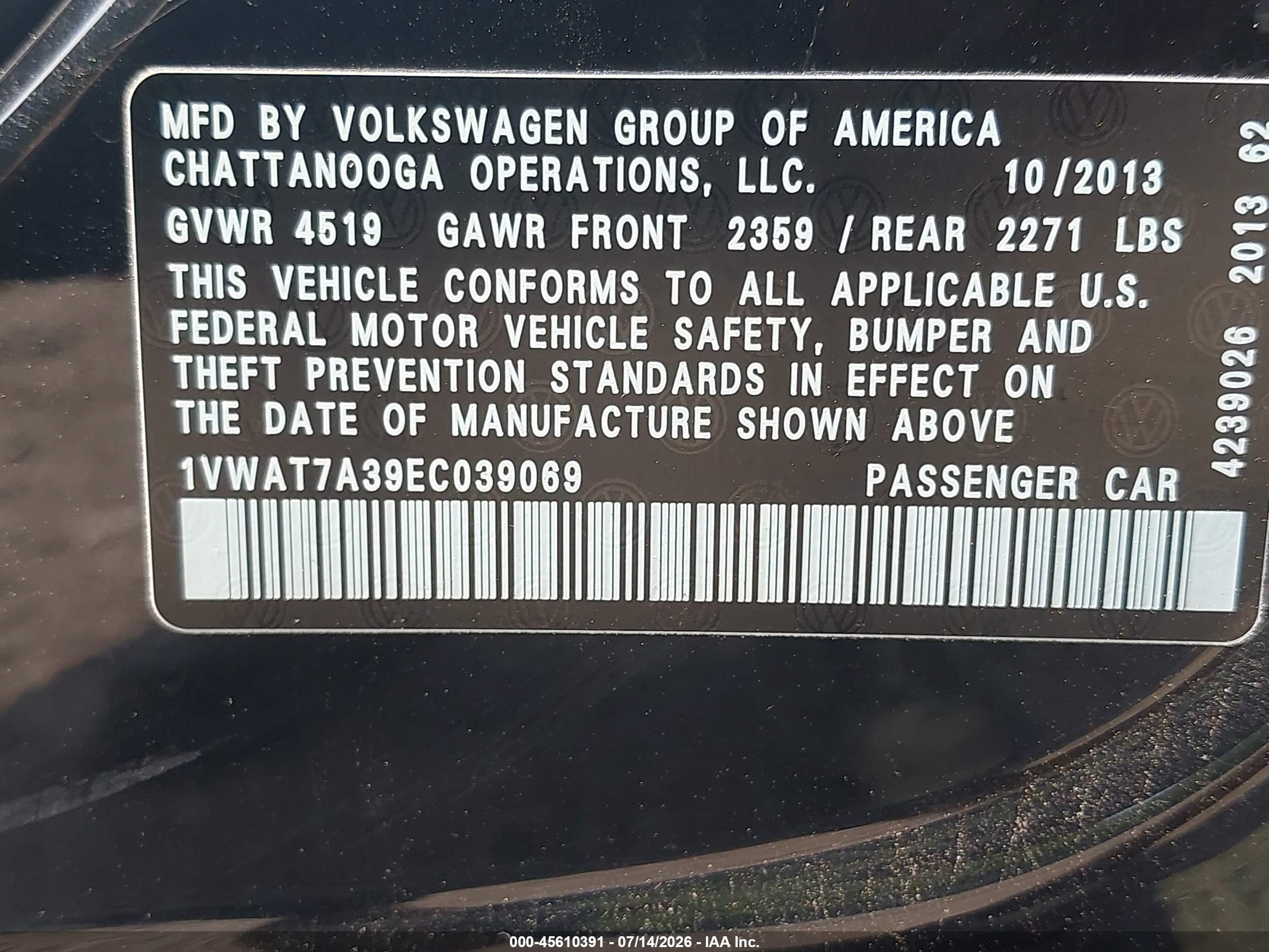2014 Volkswagen Passat 1.8t Wolfsburg Edition Black vin: 1VWAT7A39EC039069