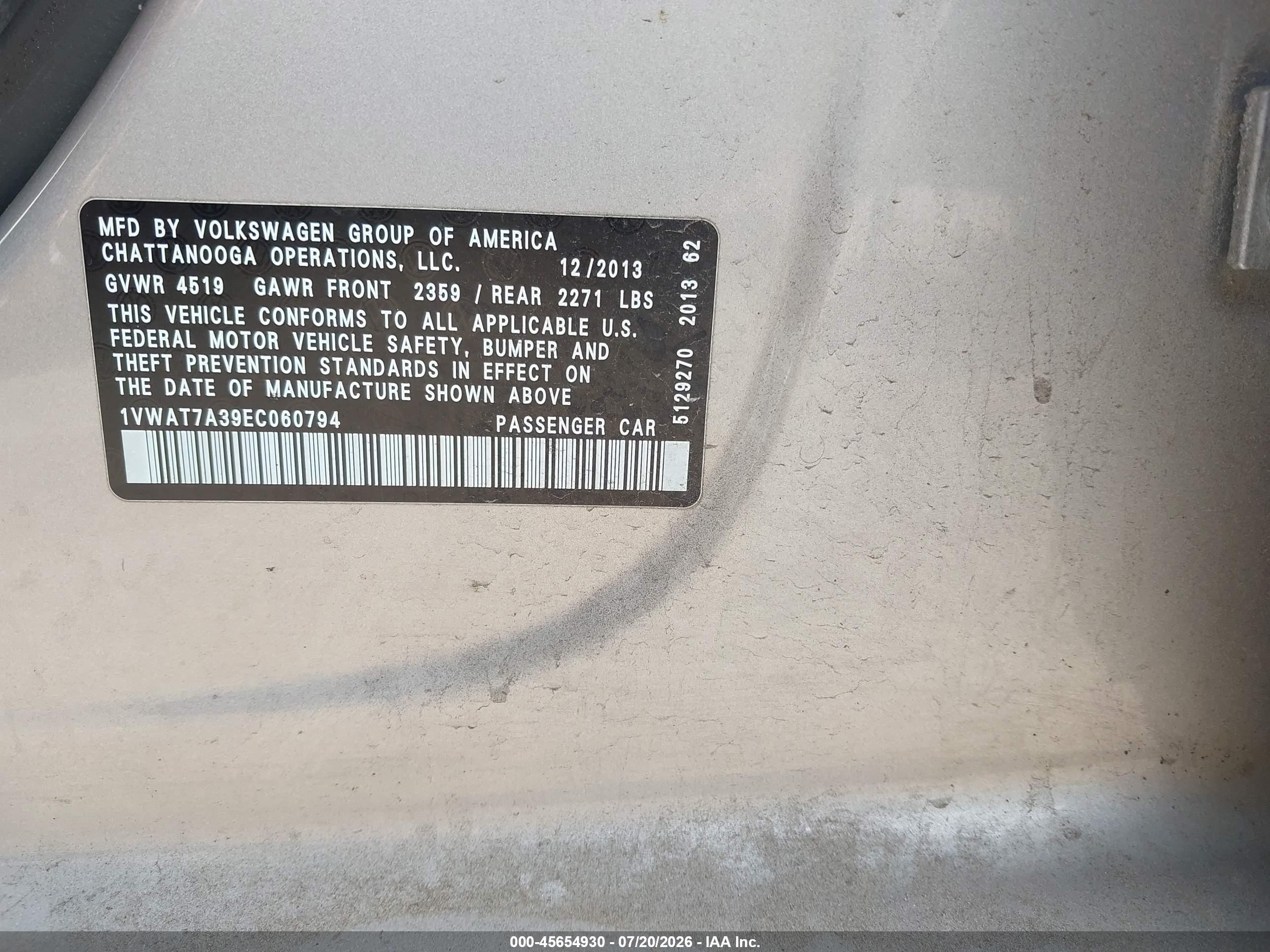 2014 Volkswagen Passat 1.8t S Gray vin: 1VWAT7A39EC060794