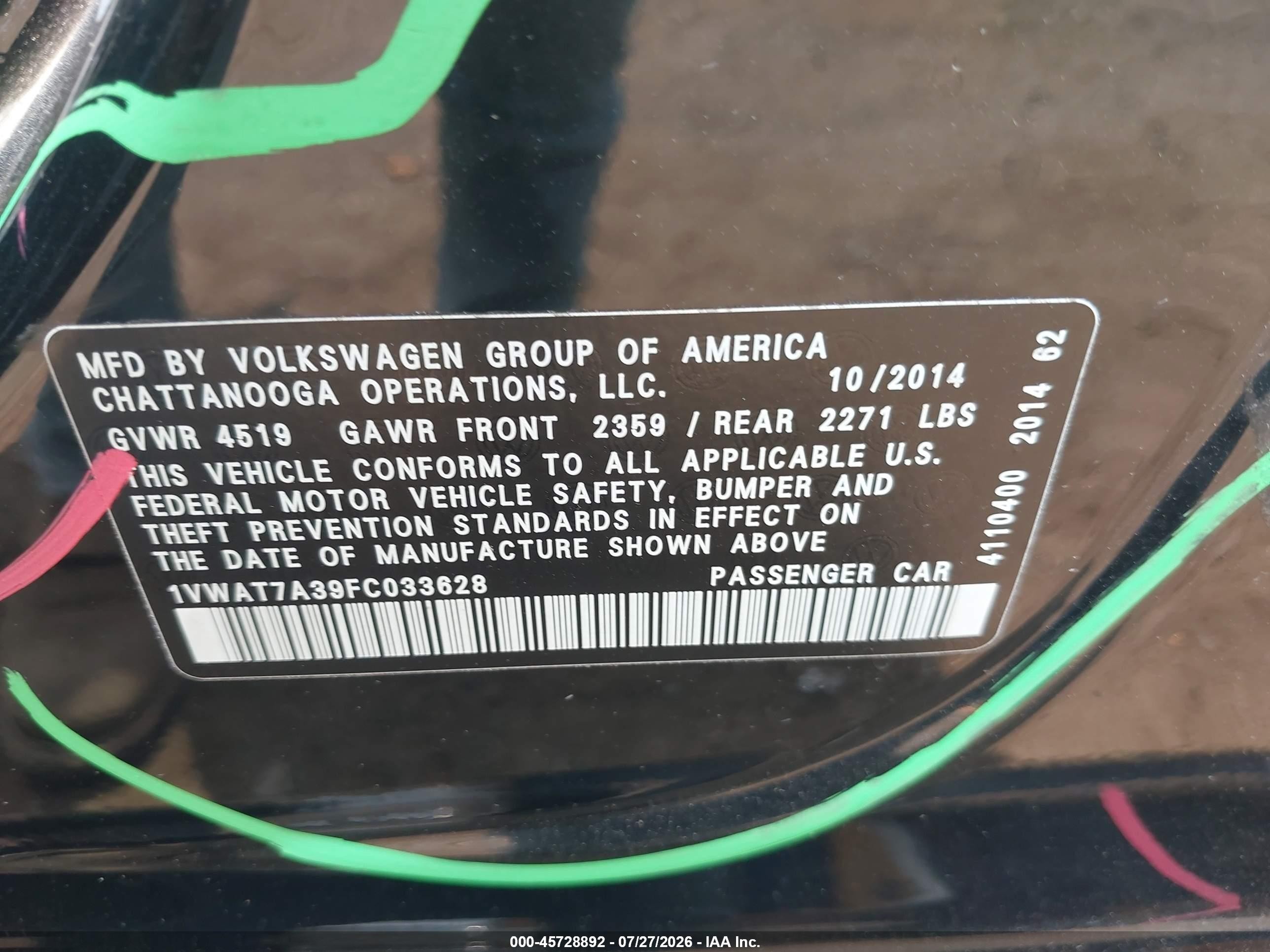 2015 Volkswagen Passat 1.8t S Черный vin: 1VWAT7A39FC033628
