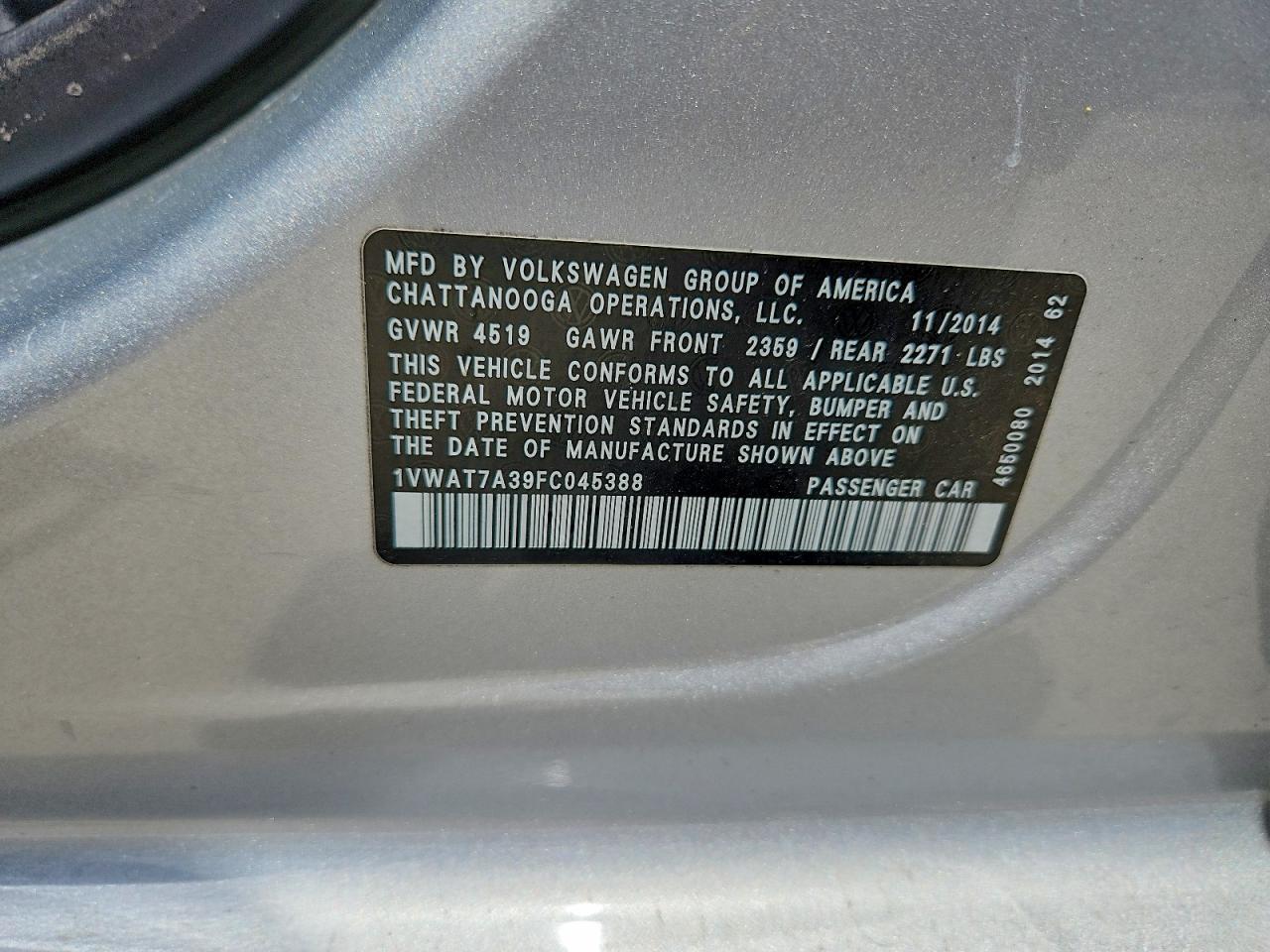 2015 Volkswagen Passat S Silver vin: 1VWAT7A39FC045388