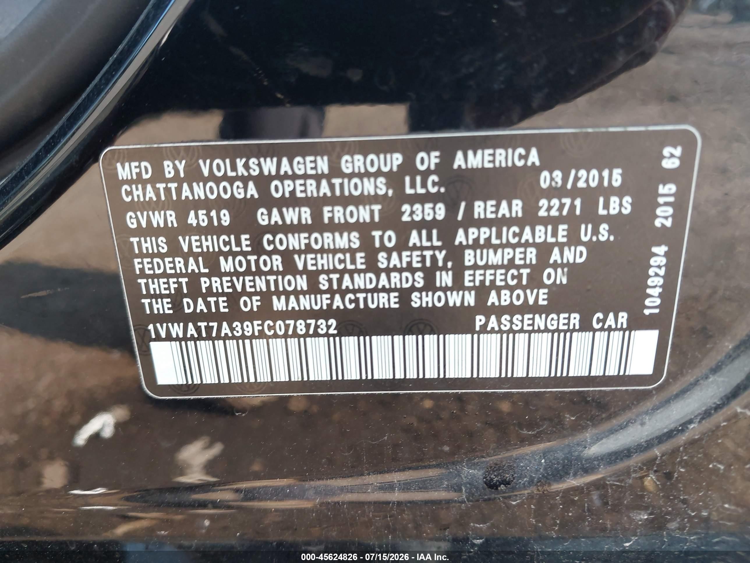 2015 Volkswagen Passat 1.8t Wolfsburg Edition Черный vin: 1VWAT7A39FC078732