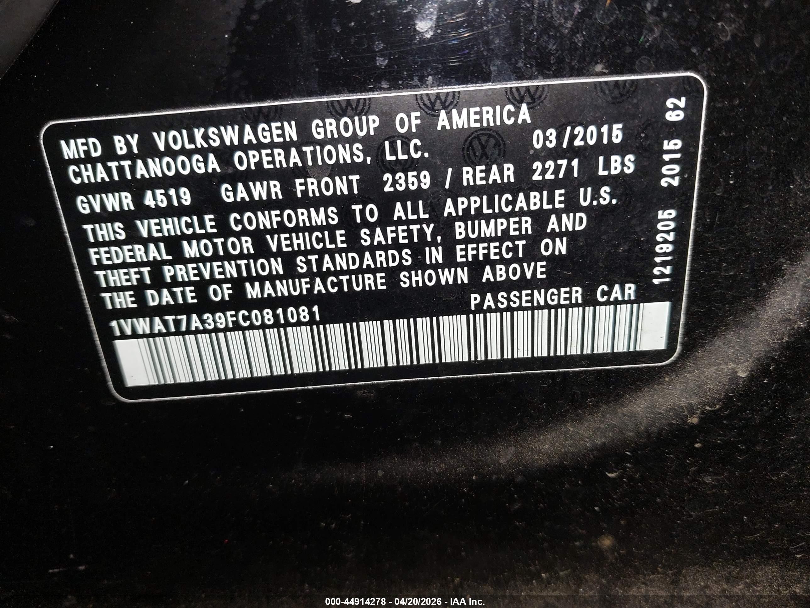 2015 Volkswagen Passat 1.8t Limited Edition Black vin: 1VWAT7A39FC081081