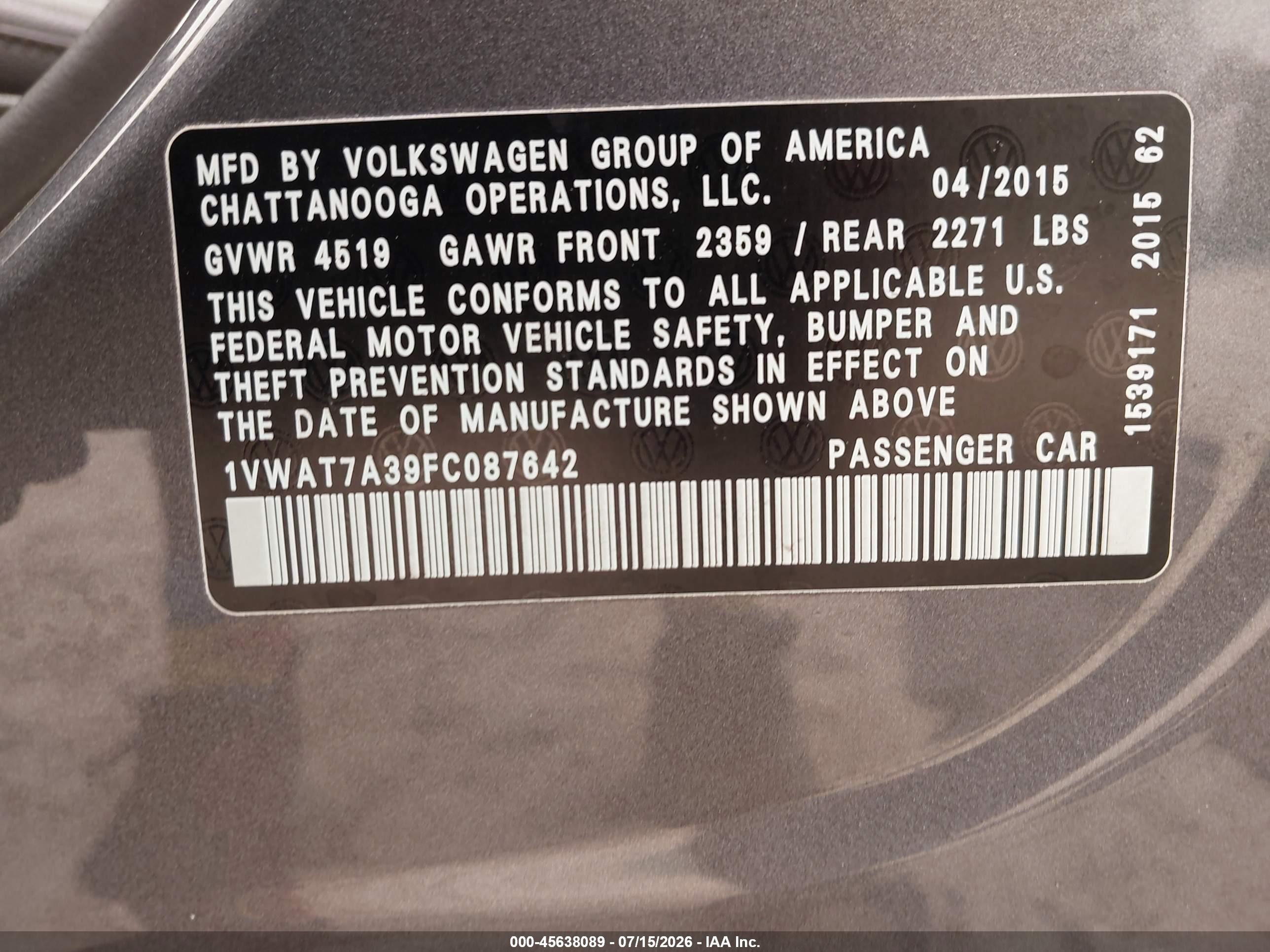 2015 Volkswagen Passat 1.8t Limited Edition Gray vin: 1VWAT7A39FC087642