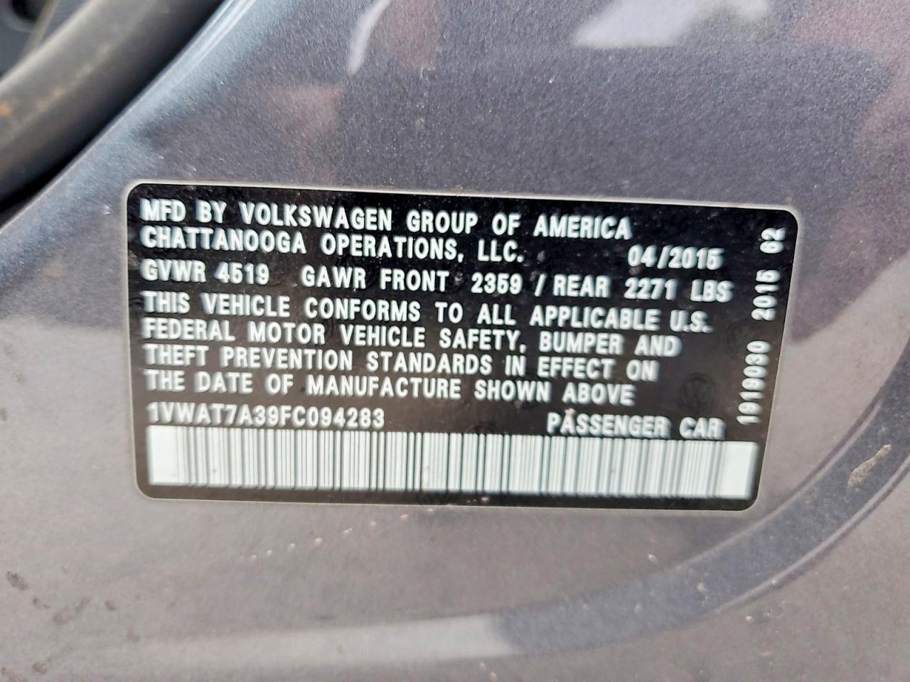 2015 Volkswagen Passat S Gray vin: 1VWAT7A39FC094283