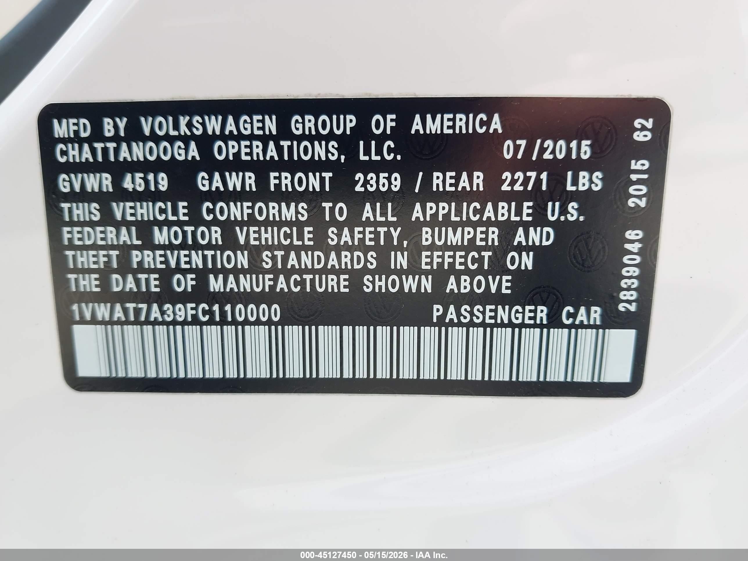 2015 Volkswagen Passat 1.8t Limited Edition White vin: 1VWAT7A39FC110000