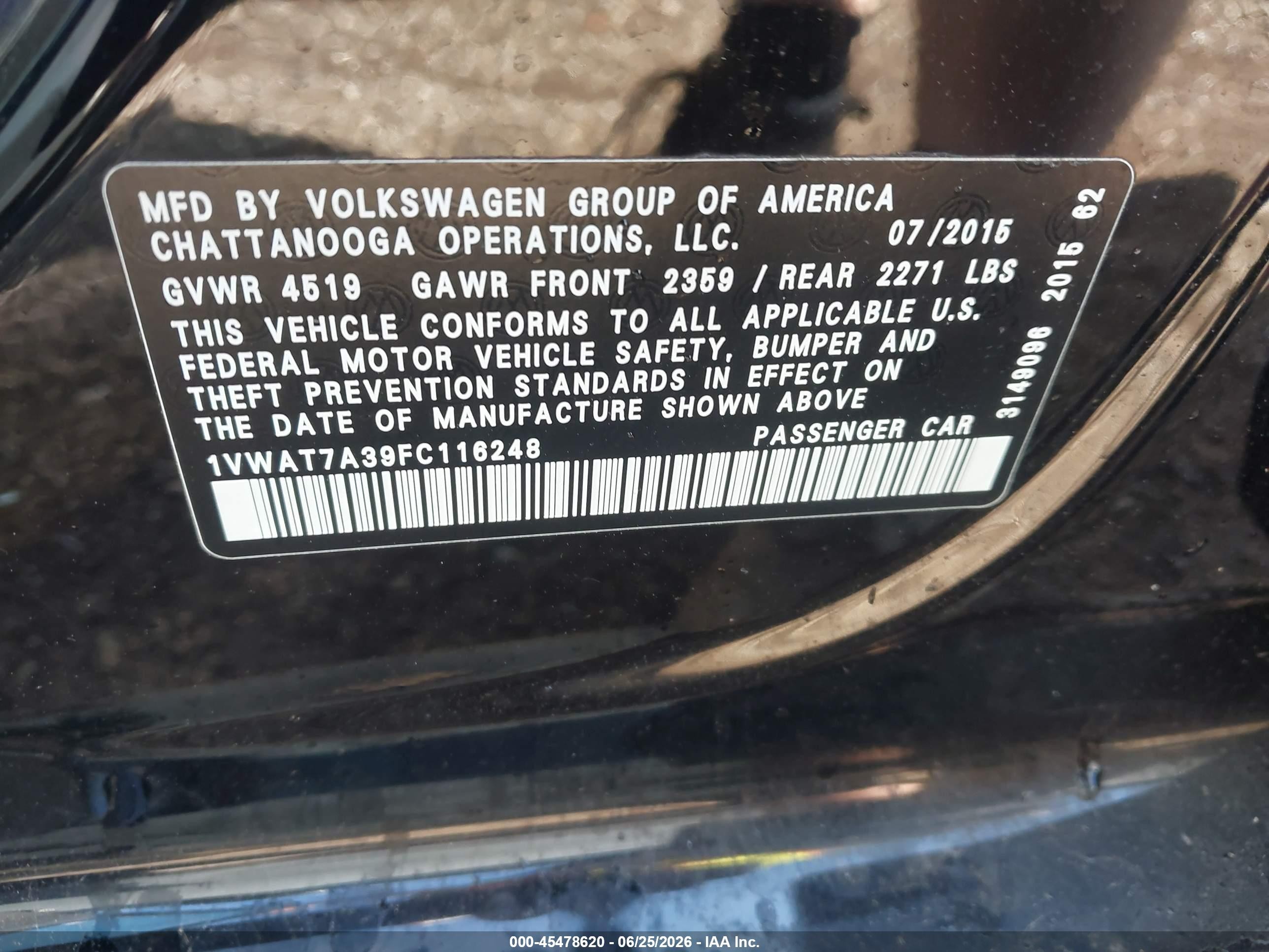 2015 Volkswagen Passat 1.8t Limited Edition Black vin: 1VWAT7A39FC116248