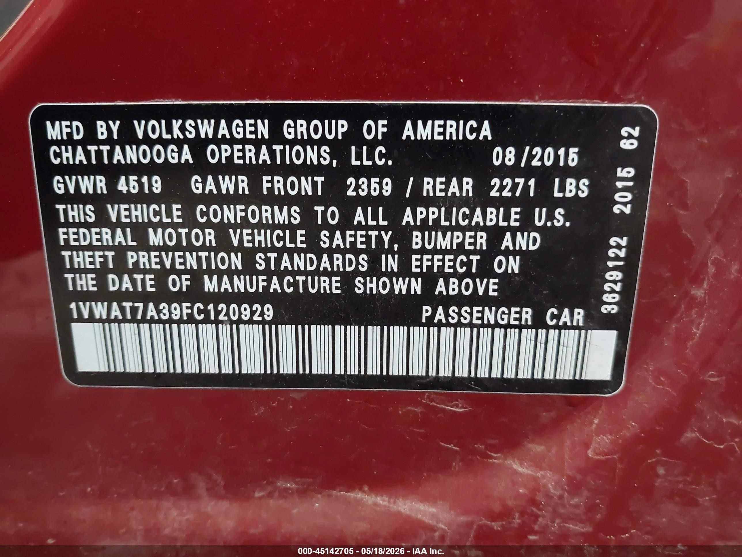 2015 Volkswagen Passat 1.8t Limited Edition Red vin: 1VWAT7A39FC120929