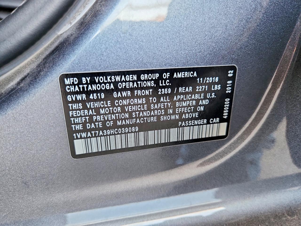 2017 Volkswagen Passat S Серый vin: 1VWAT7A39HC039089