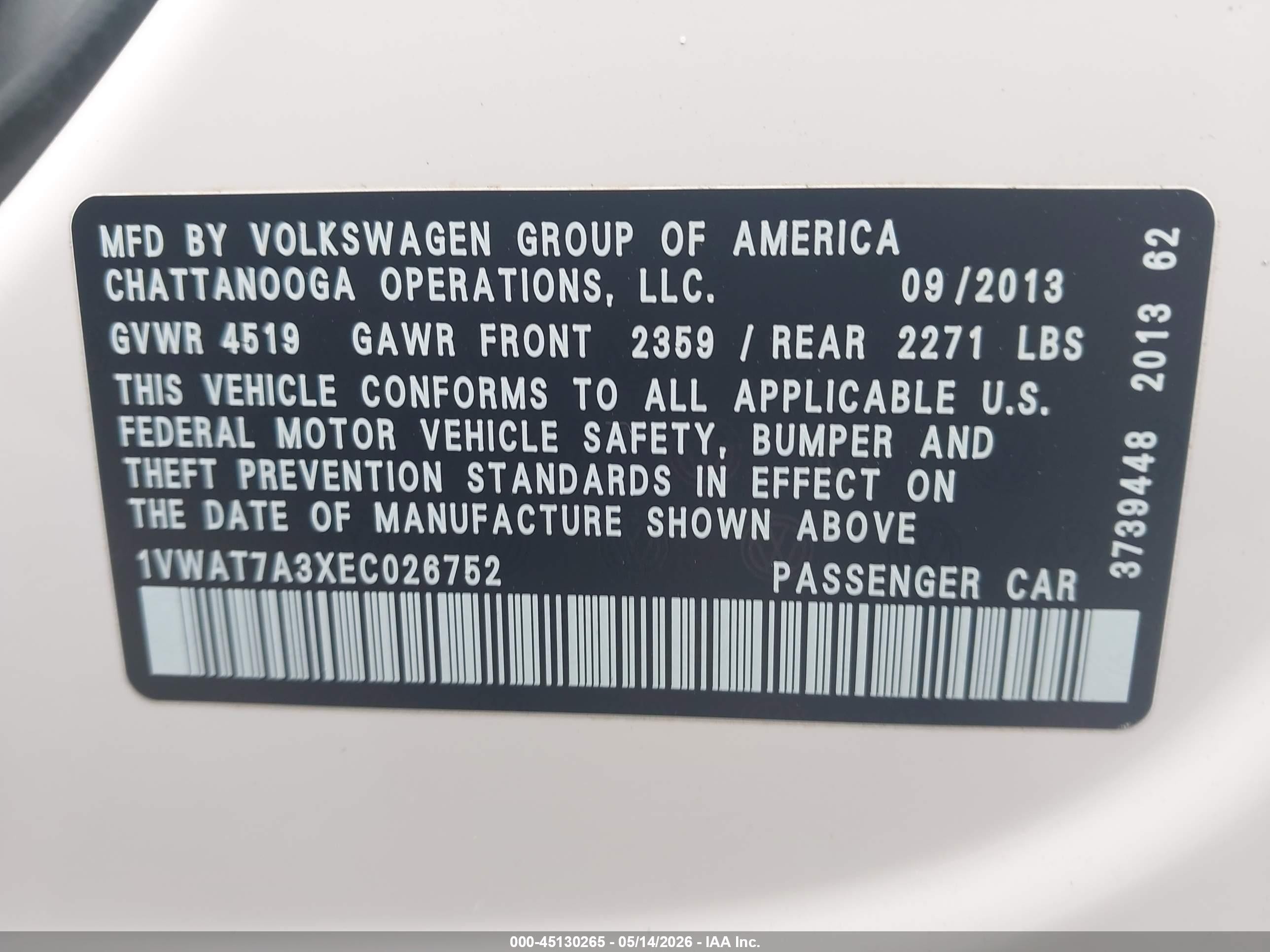 2014 Volkswagen Passat 1.8t Wolfsburg Edition White vin: 1VWAT7A3XEC026752